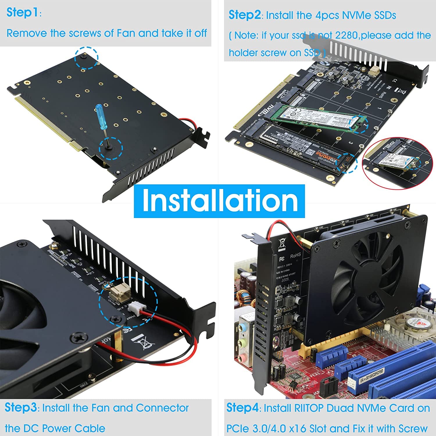 RIITOP Adapter Quad NVMe PCIe 4 porty M.2 SSD na PCI-e 4.0/3.0 x16 karta z obsługą wentylatora 2280/2260/2242/2230 NVMe SSD (PCI-e wymagane rozgałęzienie)