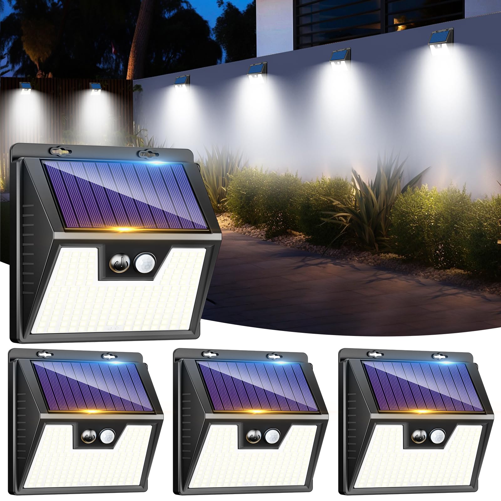 LOTMOS 4 Pack Solar Lights Outdoor Garden, 176 LED Ultra Bright Security Lights Motion Sensor, 3 Modes Waterproof Solar Powered Wall Fence Lights for Outside Stair Garage Yard Frontdoor, Cool White