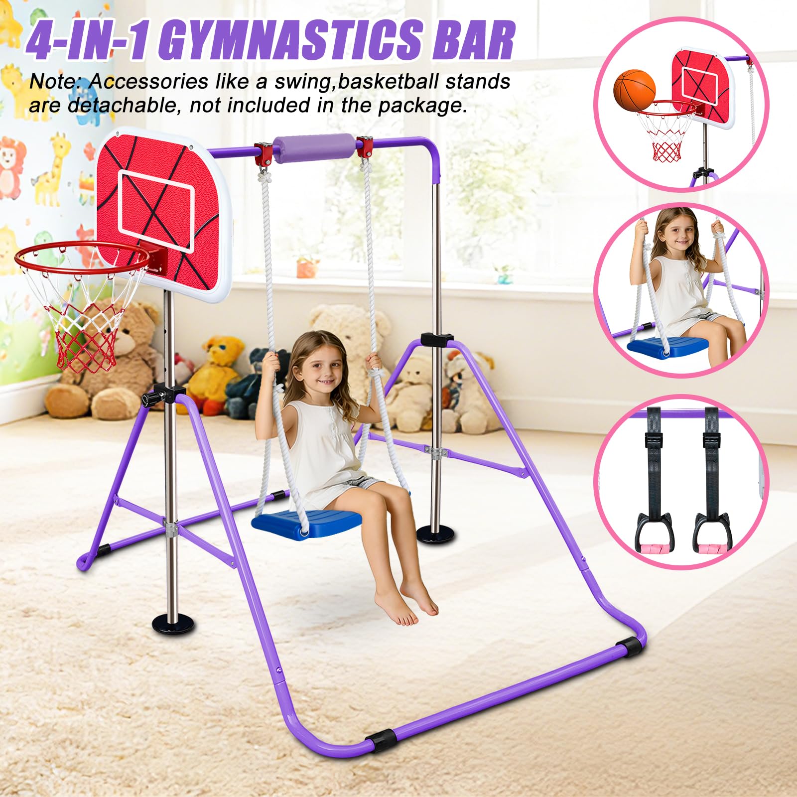 Triclicks Barre de Gymnastique pour Enfants, Barre d'entraînement Pliable avec Hauteur réglable, Barres Horizontales Extensibles pour Enfants, Filles, garçons (Violet 2)