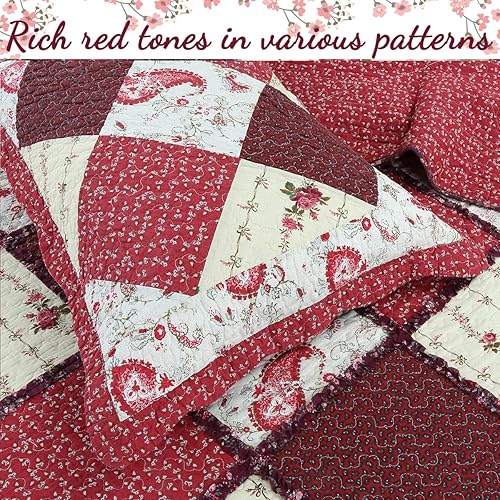 Vista 6 de Cozy Line Home Fashions Juego de ropa de cama reversible de 100 % algodón, diseño de retazos rojos con estampado floral de cachemira y volantes