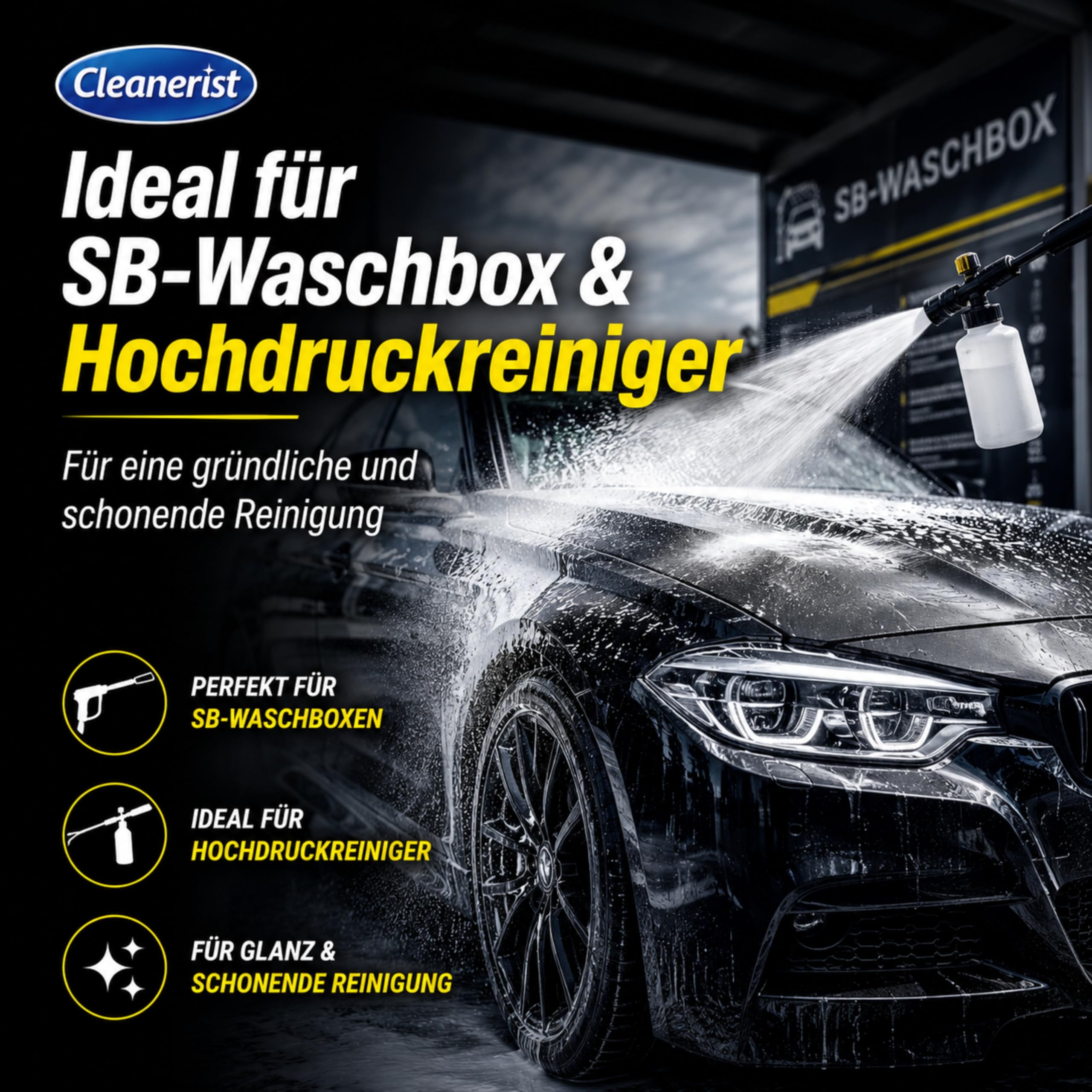 Cleanerist | 5L Autoshampoo Konzentrat für Glanz, manuelle Autowäsche & SB-Waschbox, pH-hautneutraler Autoreiniger für Lack, Hochdruckreiniger, PKW & LKW, gelbes Shampoo