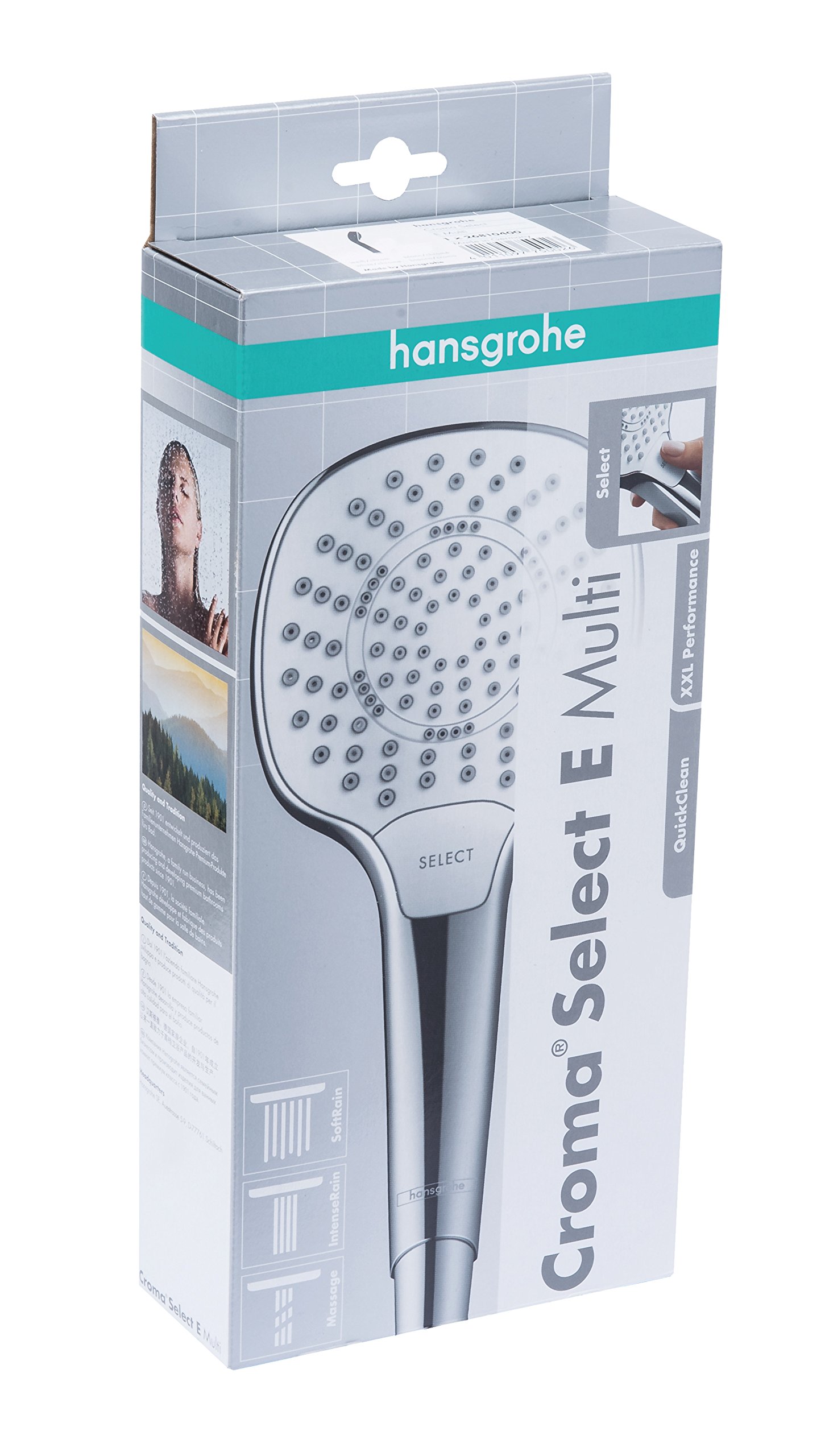hansgrohe Croma Select E - ducha de mano, alcachofa de ducha con 3 tipos de chorro, cabezal de ducha rectangular (110 x 110 mm), con sistema antical, blanco/cromo, 26810400