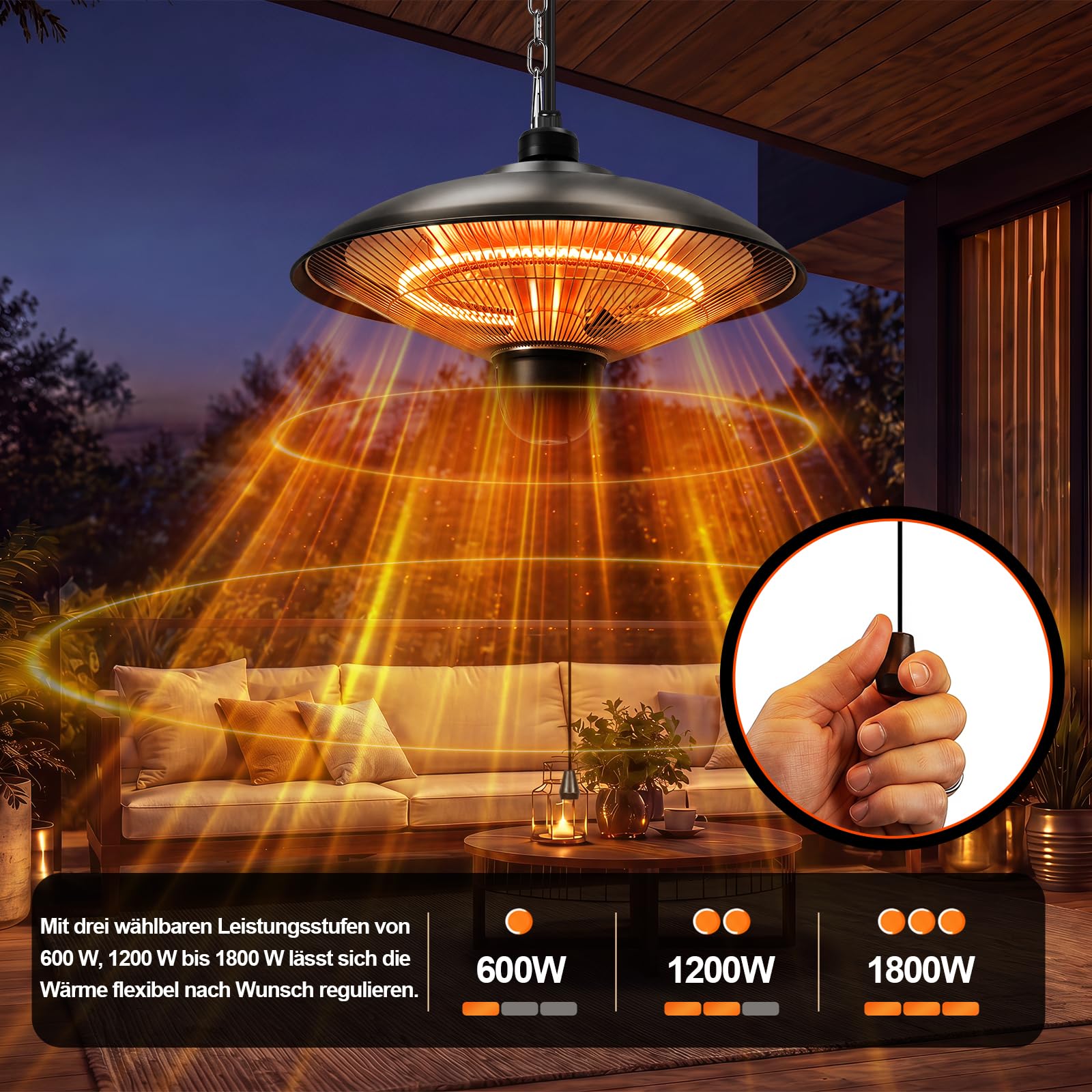Grzejnik zewnętrzny 1800 W, 3 stopnie ogrzewania, IP55, węglowa rura grzewcza | Grzejnik tarasowy z wyłącznikiem pociągowym, na balkon, do pawilonu i szklarni, promiennik podczerwieni do montażu na suficie