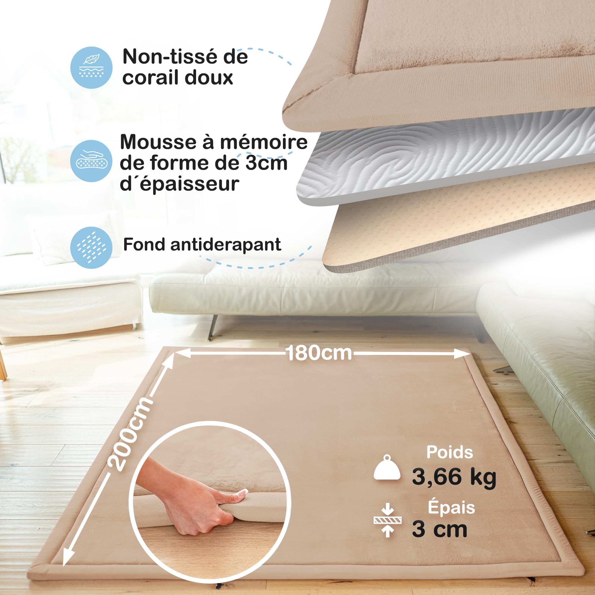 BabybeFun Tapis d'éveil bébé [Extra Doux] 3cm d'épaisseur Tapis Enfant pour Jouer et Marcher en sécurité | Tapis Chambre Enfant de Velours Tapis de Sol Mousse Bebe (Beige, 180x200x3cm)