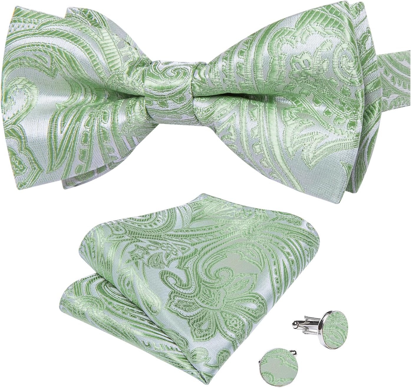 DiBanGu Silk Paisley Bow Tie for Men Soild Pre-tied Bowtie and Jacquard Woven Pocket Square Cufflinks Set for Wedding Party