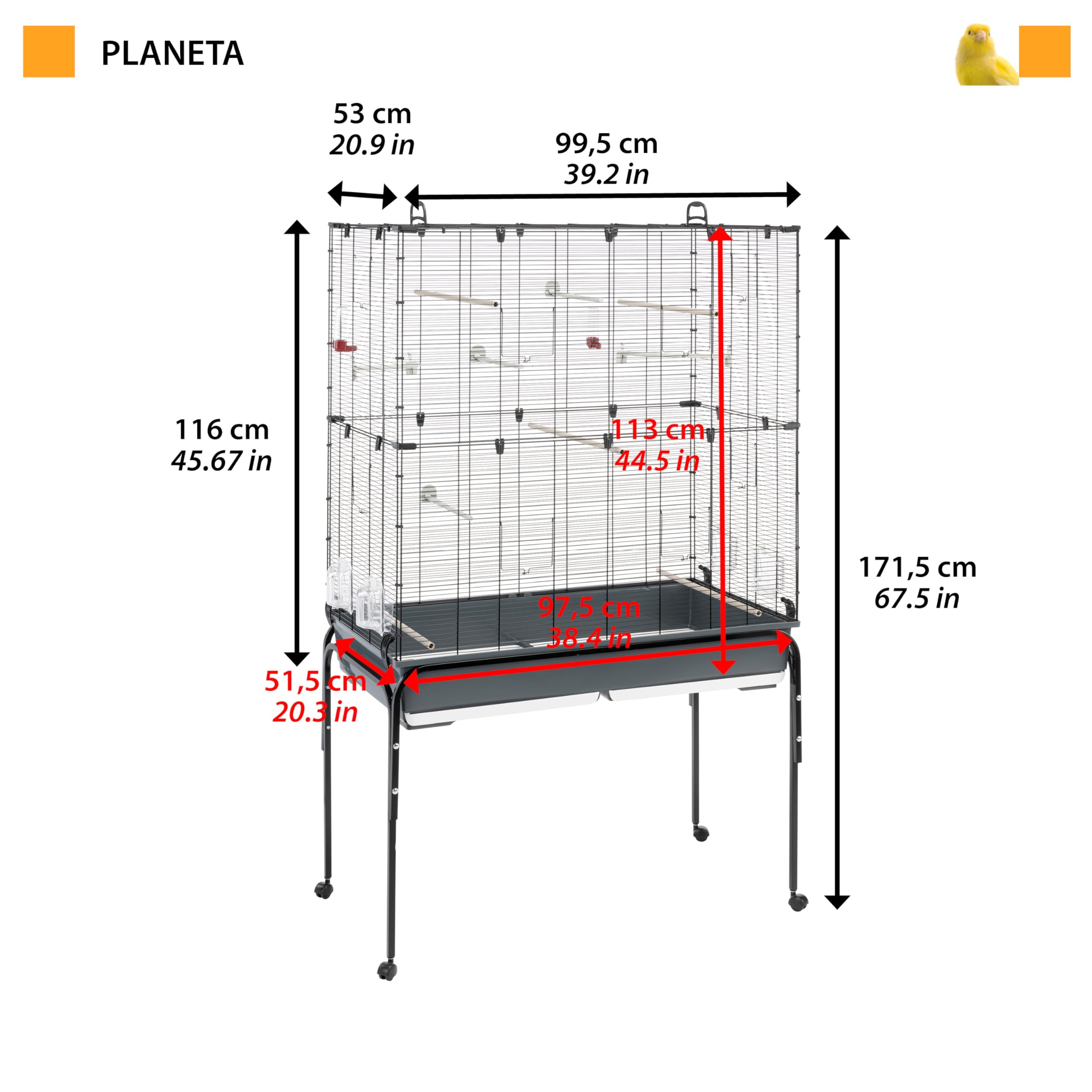 Ferplast Volière Cage à Oiseaux PLANETA Grande Cage pour Pinsons, Perruches Ondulées, Inséparables, Accessoires Inclus, 99,5 x 53 x h 171,5 cm.