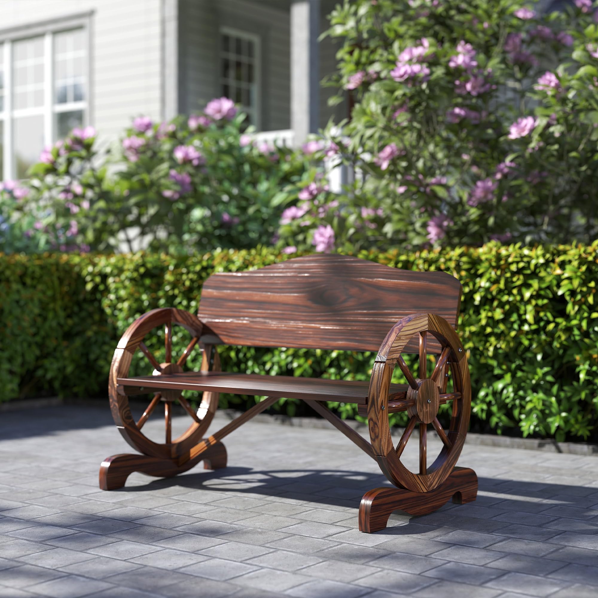 Outsunny Gartenbank Holz, 2-Sitzer Sitzbank mit Rücken- und Armlehnen, Holzbank im Rädernform, wetterfest Parkbank 240kg belastbar, Balkonbank für Balkon Terrasse, Garten, 110 x 55 x 80 cm, Verkohlt