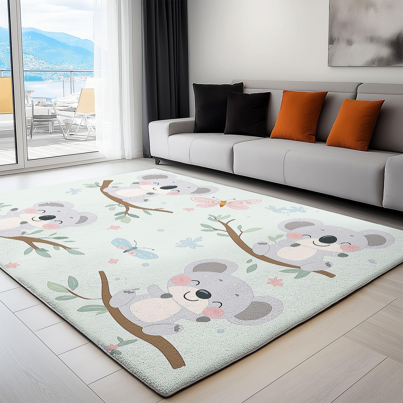 Tapis lavable en machine motifs koala ours cyan clair doux pour sol de chambre 80x150