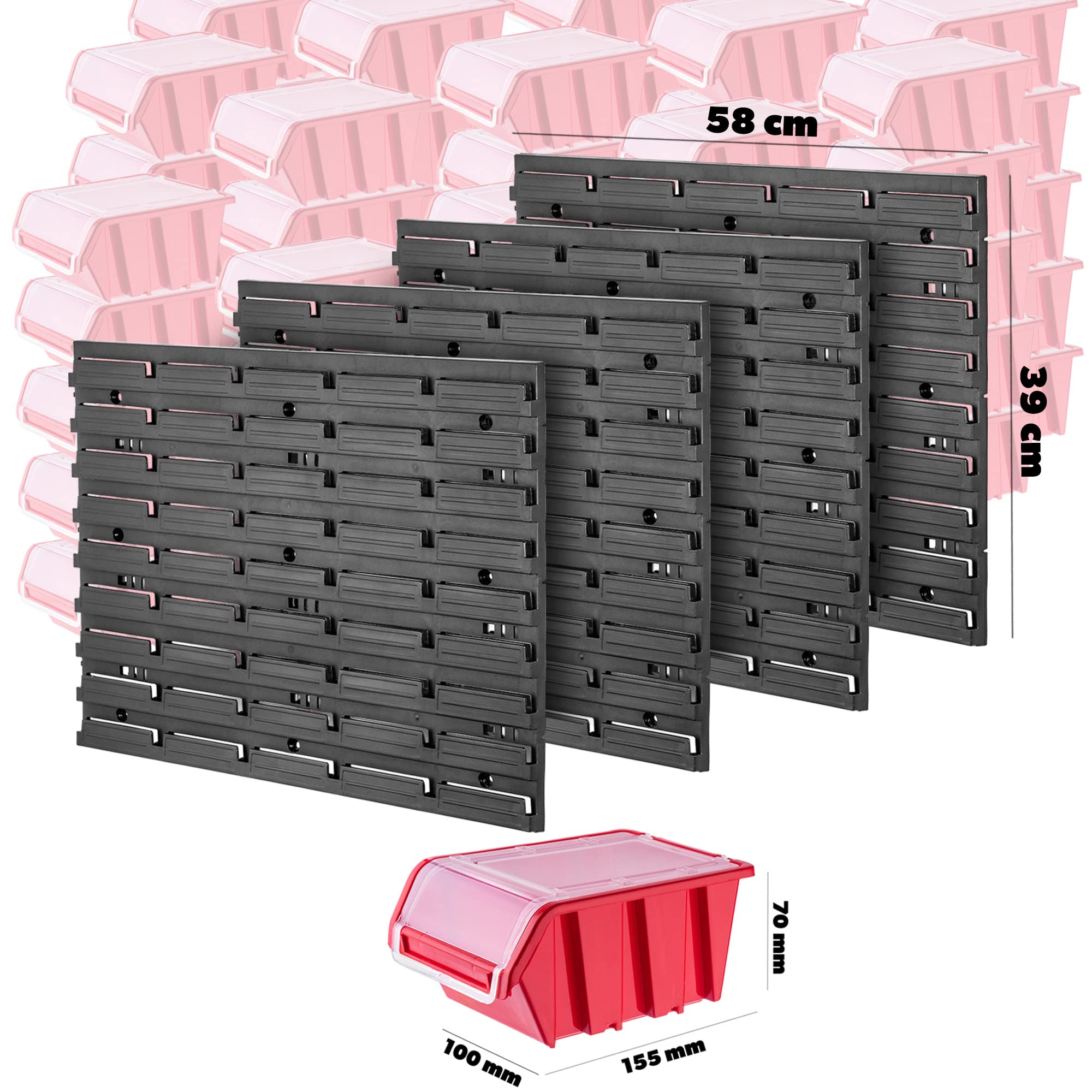 KADAX Werkstattwandregal, 116x78cm Lagersystem aus robustem Kunststoff, UV-Resistentes Werkstattregal, Erweiterbare Wandplatten, Schüttenregal für Garage, (Rot, 90 tlg.)