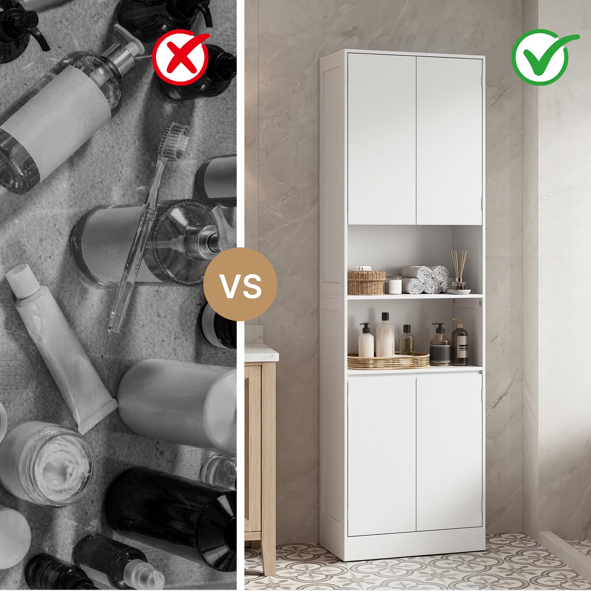Xbro Mobile bagno 190×30×57 cm, contenitore bagno con ripiani regolabili, cassetti e vani aperti, armadio alto versatile per bagno, cucina e soggiorno, montaggio semplice, bianco