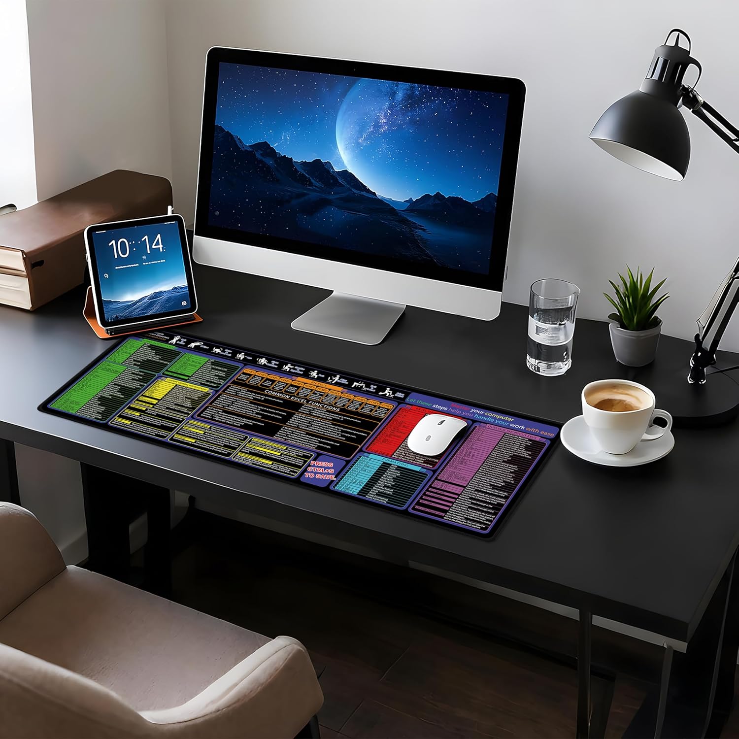 Mouse Pad with Excel, Word, Shortcuts – Excel Cheat Sheet Desk Pad – Portable Computer Mousepad – Gaming, Office, Waterproof, Non-Slip, Stitched Edges 31.5 x 11.8inches x 3mm