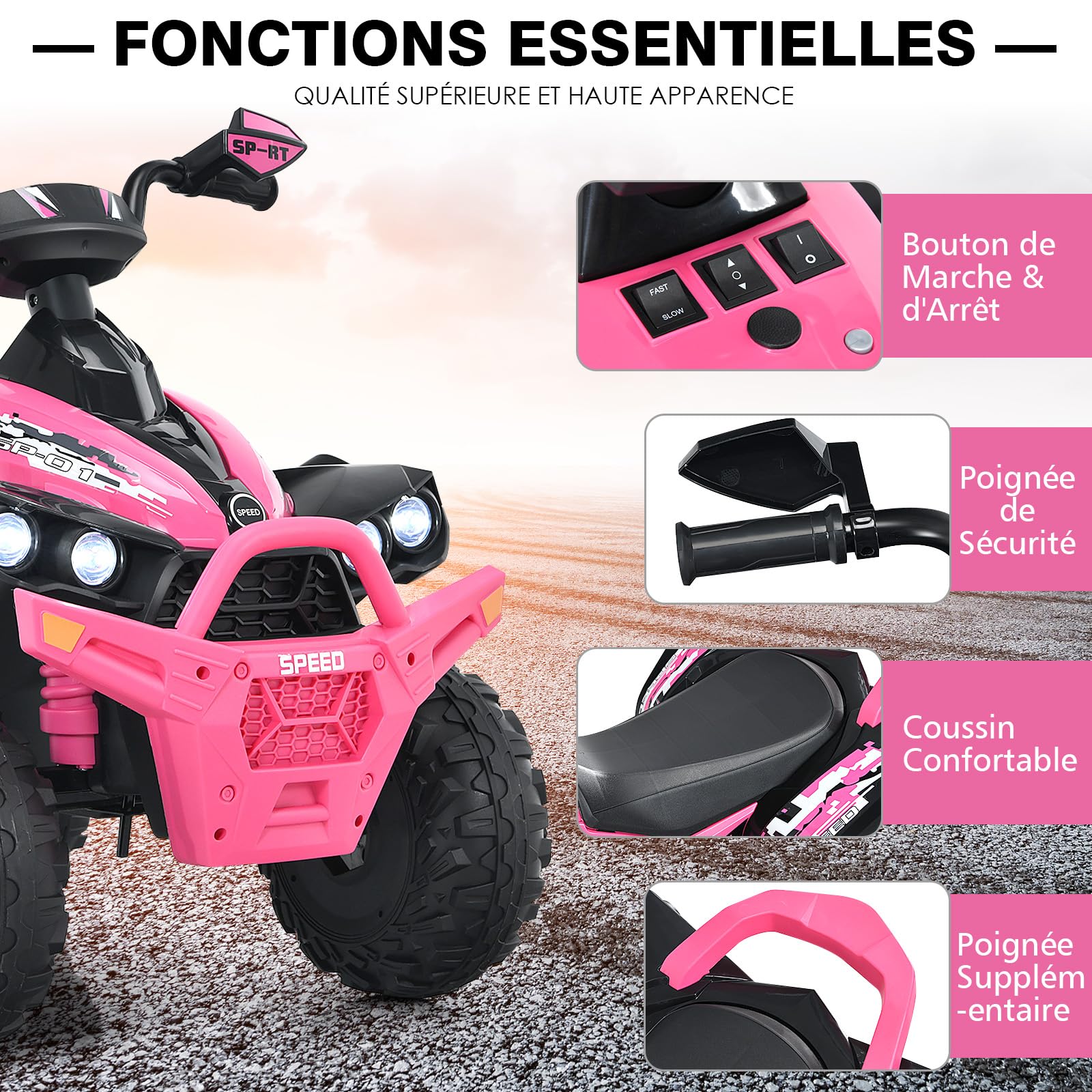 DREAMADE Quad Électrique Enfants 3-8Ans avec Vitesse Réglable,Voiture à Batterie 12V Multifonctions avec Marche Avant et Arrière,Lumières LED,Musique,Pédale,Klaxon,Charge 35KG (Rose)