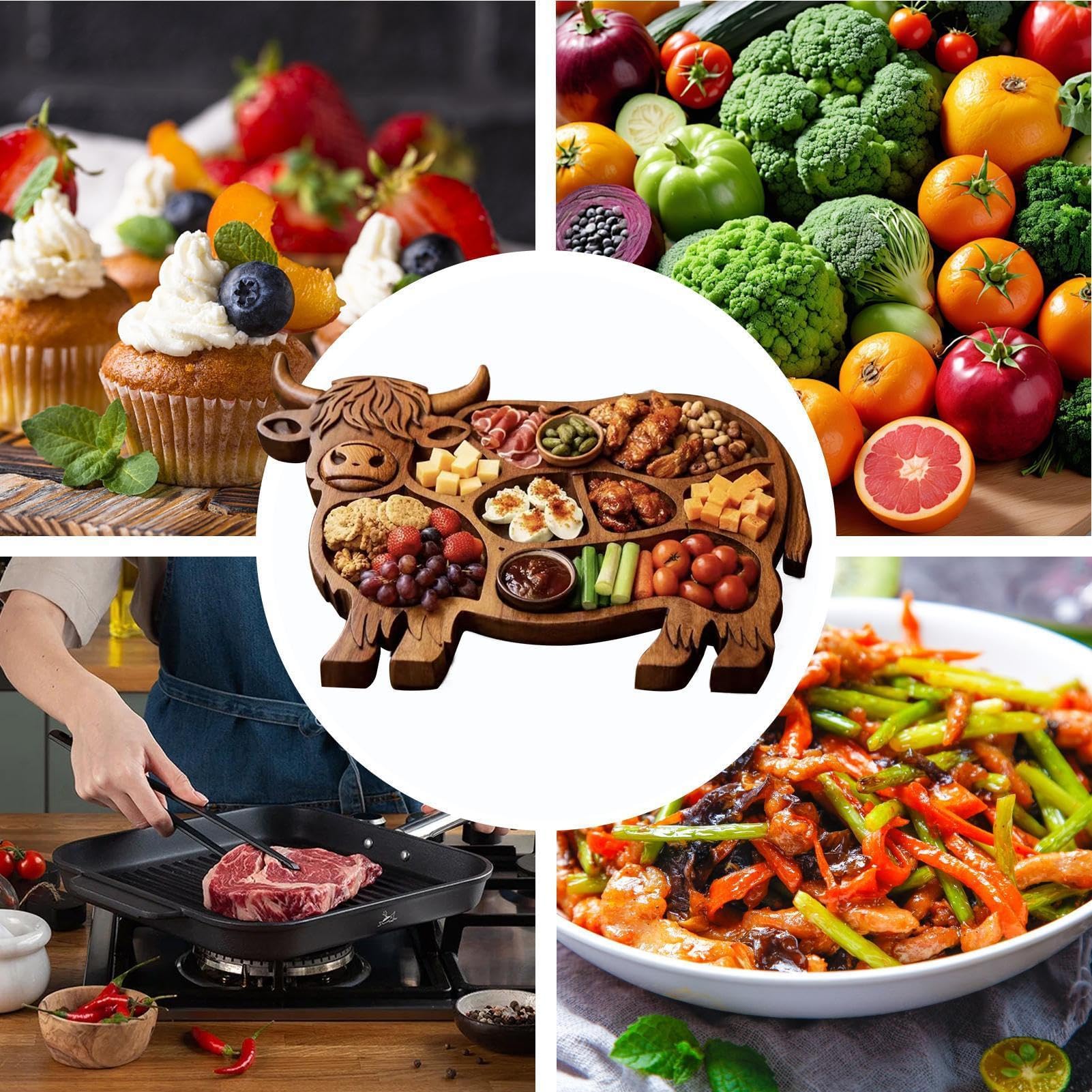 Tabla de charcutería – Plato de servir con diseño de vaca para cocina del hogar, mesa de comedor, banquetes, reuniones familiares, aperitivos de vacaciones, frutas, carne, queso, galletas