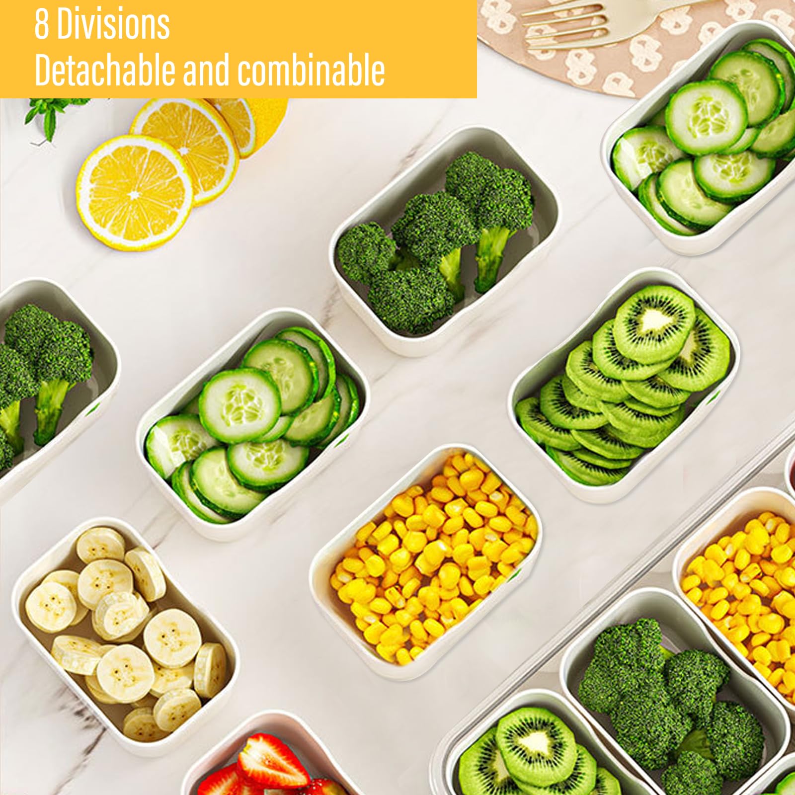 Plato para servir refrigerios, plato para refrigerios con 8 compartimentos, caja de almacenamiento para refrigerios con tapa y asa, bandeja organizadora para dulces, postres de galletas vegetales — view 6