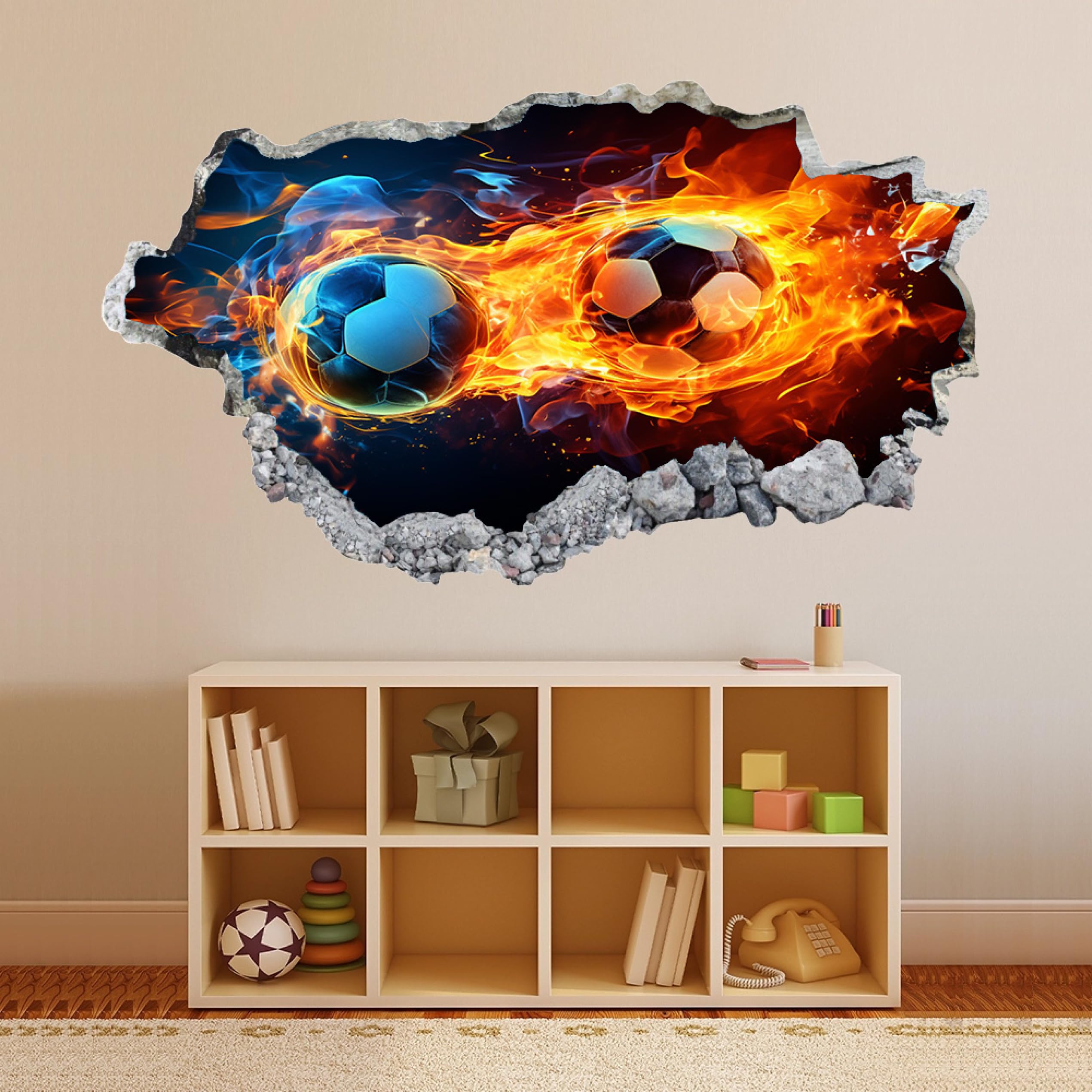 Adesivi 3D per decorazioni murali distruttiFiamme Del Calcio Adesivo da parete Tatuaggio da parete per la decorazione della parete della cameretta dei bambini 70x122cm