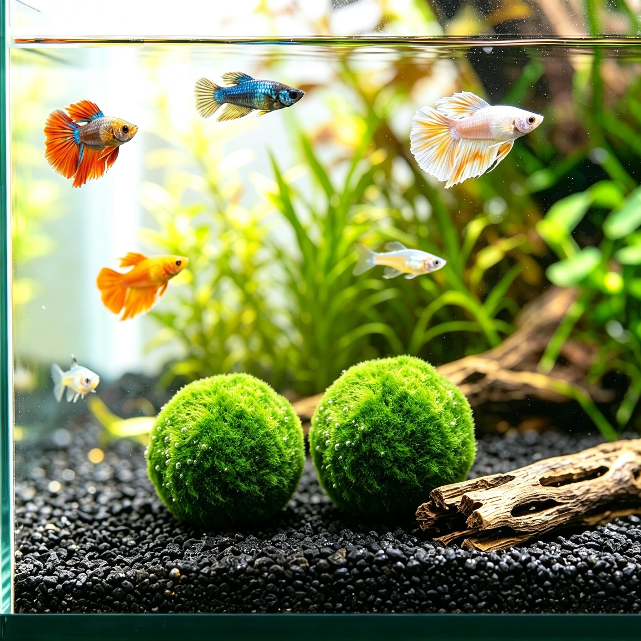 Live Moss Balls, Large Natural Aquarium Plants for Fish Tank Decor, Spherical Green Algae Pebbles for Betta & Shrimp Habitat, Low Maintenance Aquatic Plants for Home Office Glass Bottles