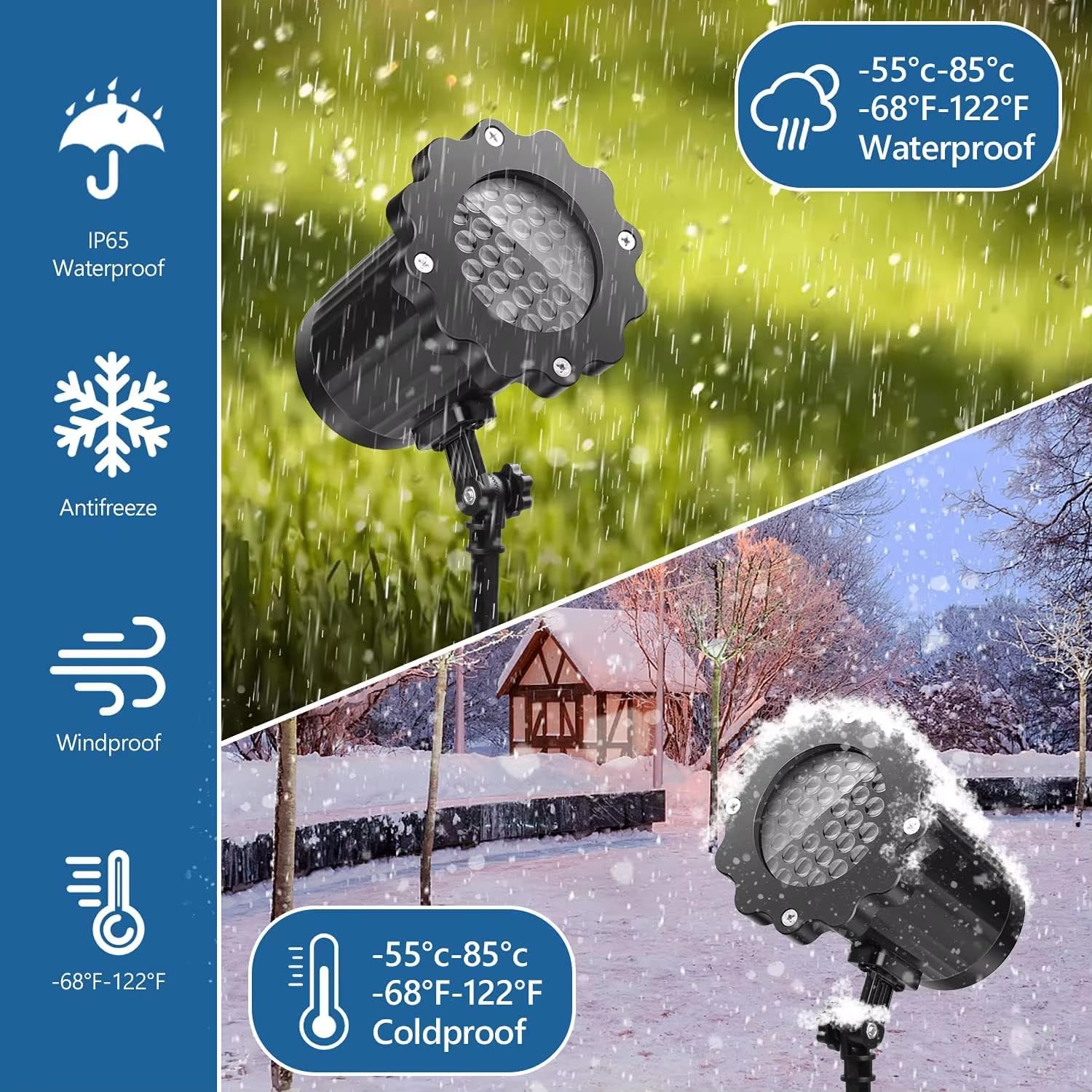 Projecteur de flocons de neige - Rotation à 180° - Extérieur et intérieur - Étanche - Projection lumineuse pour Noël, fêtes de vacances, mariages, jardins, patios