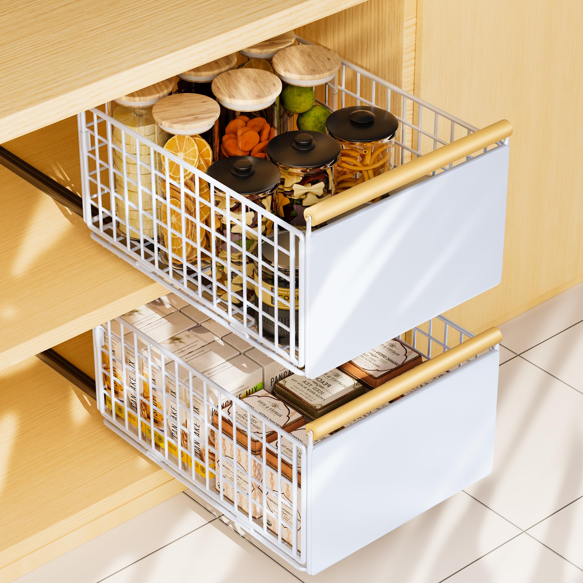 Lureon White Pack Of 2 Telescopic Drawers, Extendable Kitchen Cupboard Organiser For Kitchen Cupboards, Drawer Organiser, No Drilling And Nailing Required, Kitchen Drawer