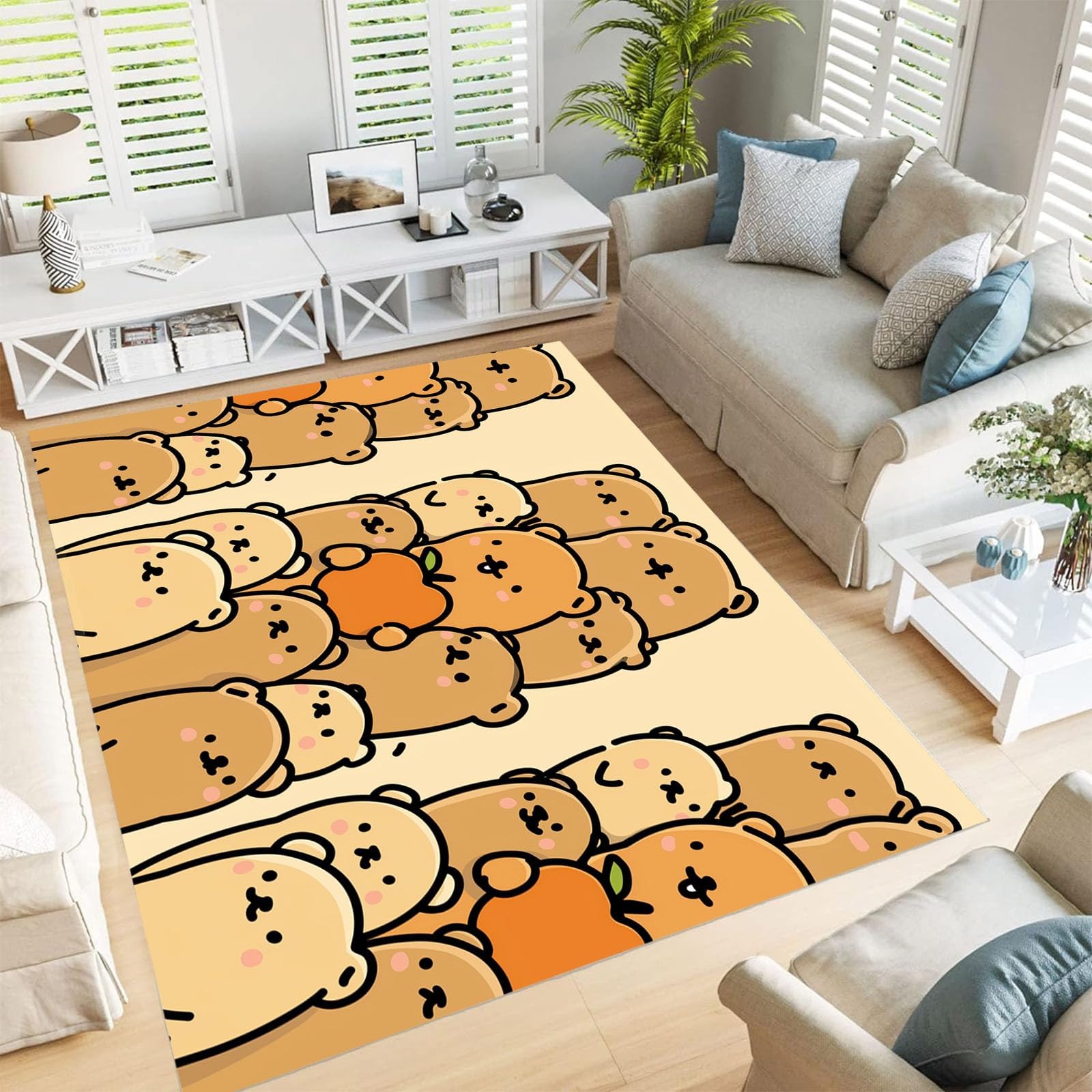 Tapis de décoration beige à poils ras facile à nettoyer pour salon et entrée