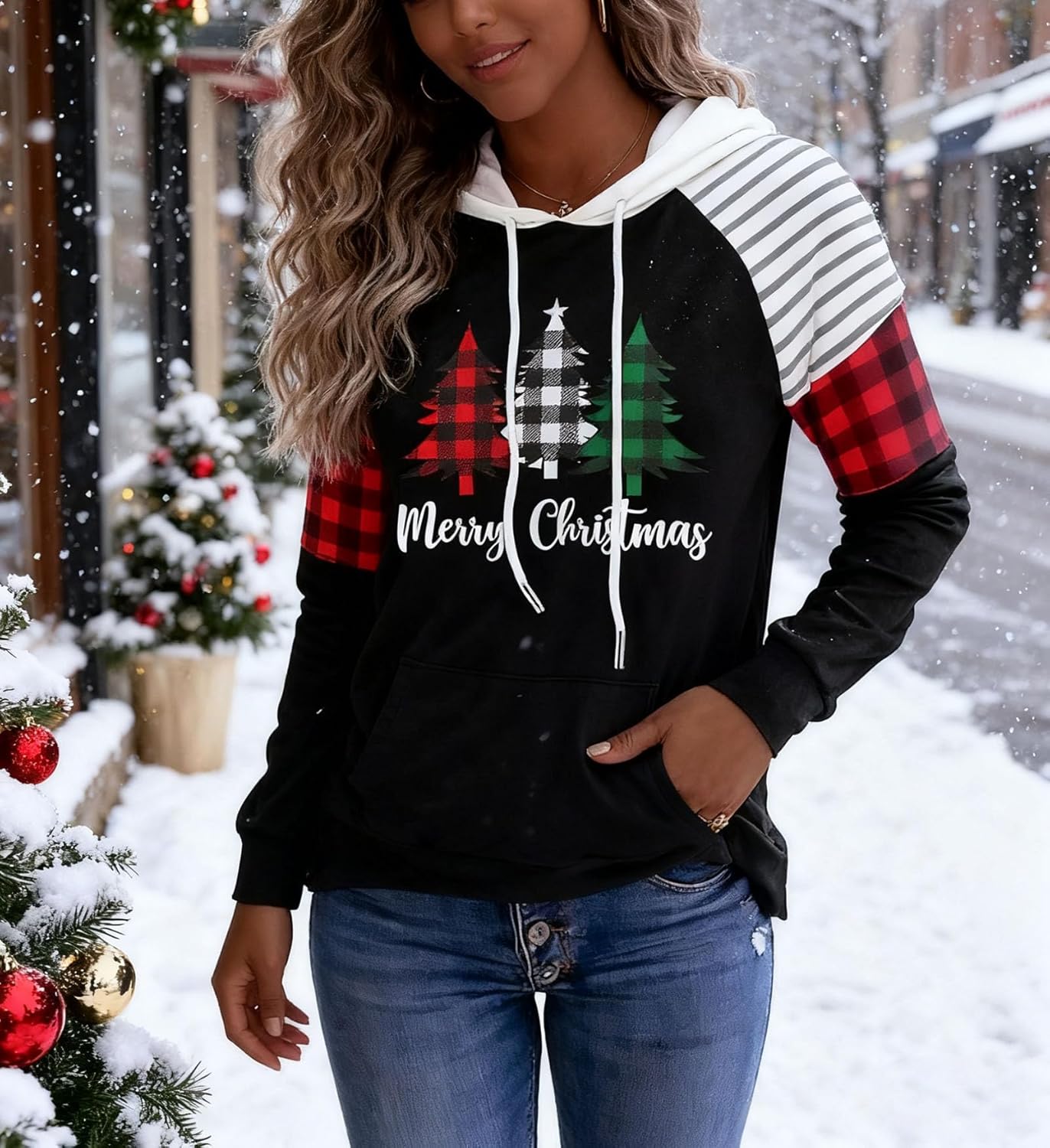 LLHXRUI Merry Christmas Buffalo Plaid Tree Striped Splicing Hoodie Shirt Blouse for Women Christmas Color Block T Shirt Top - Image 5