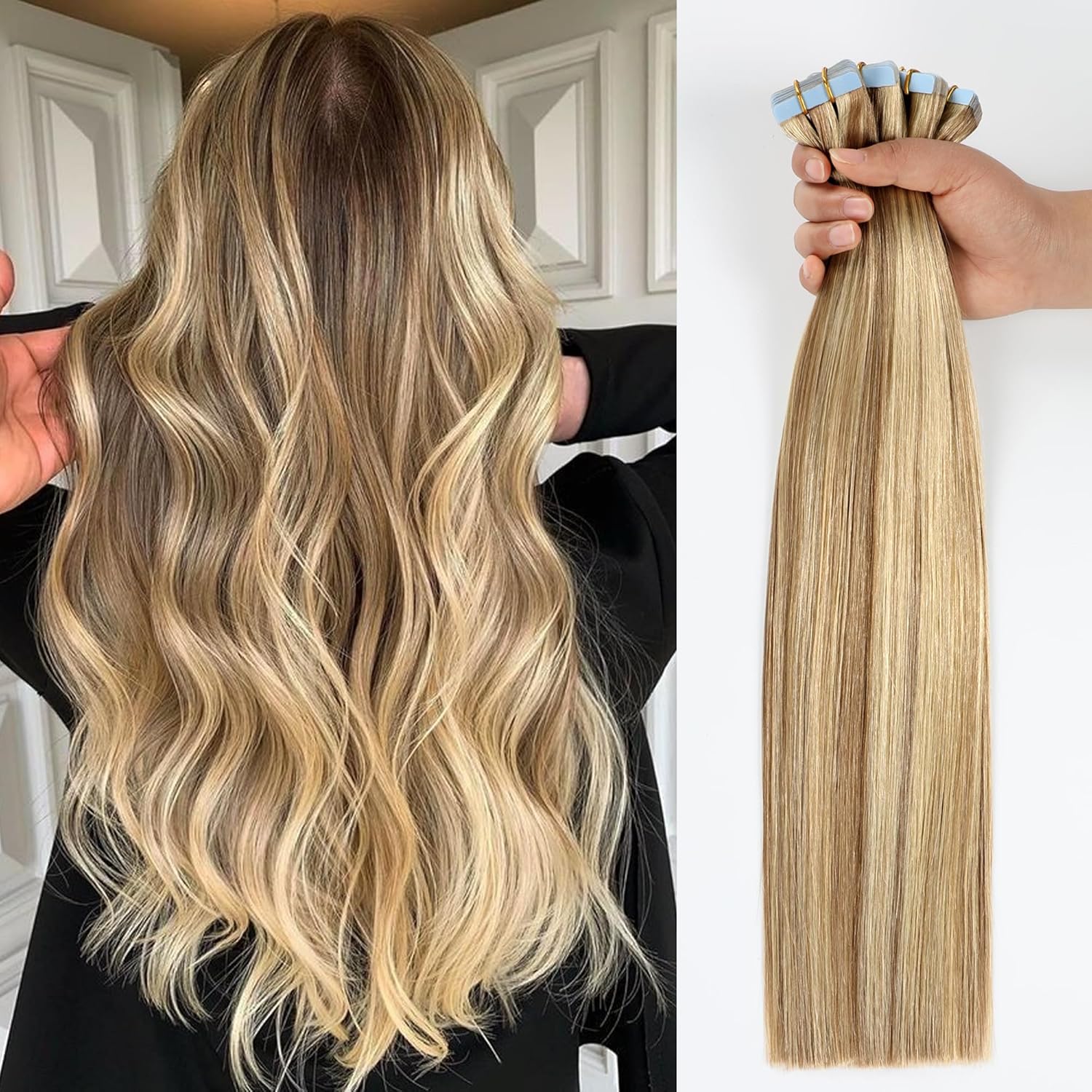 Tape-in hair extensions 22 inch 50g/pack 20pcs, ash blonde highlights