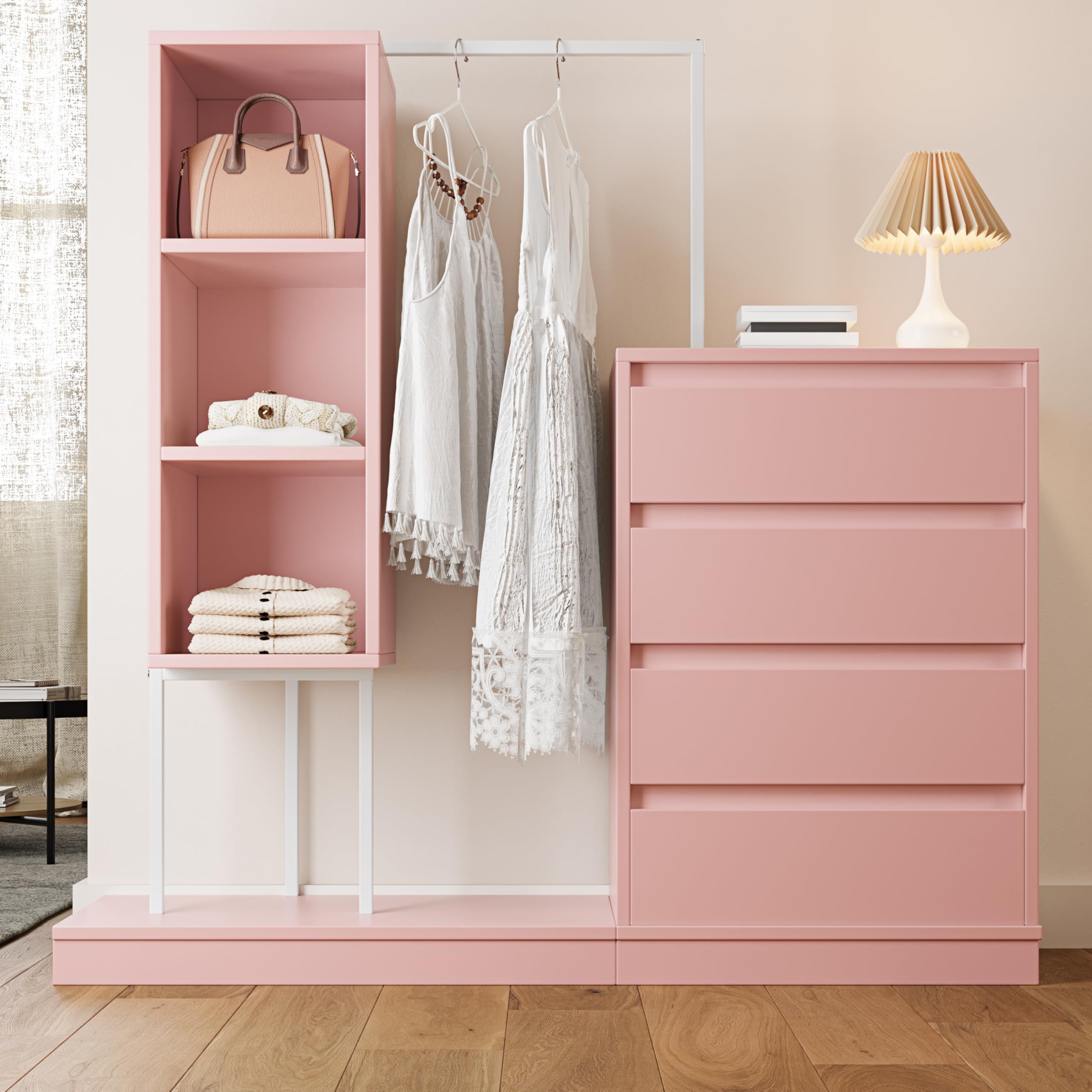 Set guardaroba con cassettiera e credenza, pratico mobile per soggiorno, camera da letto e soggiorno (rosa)