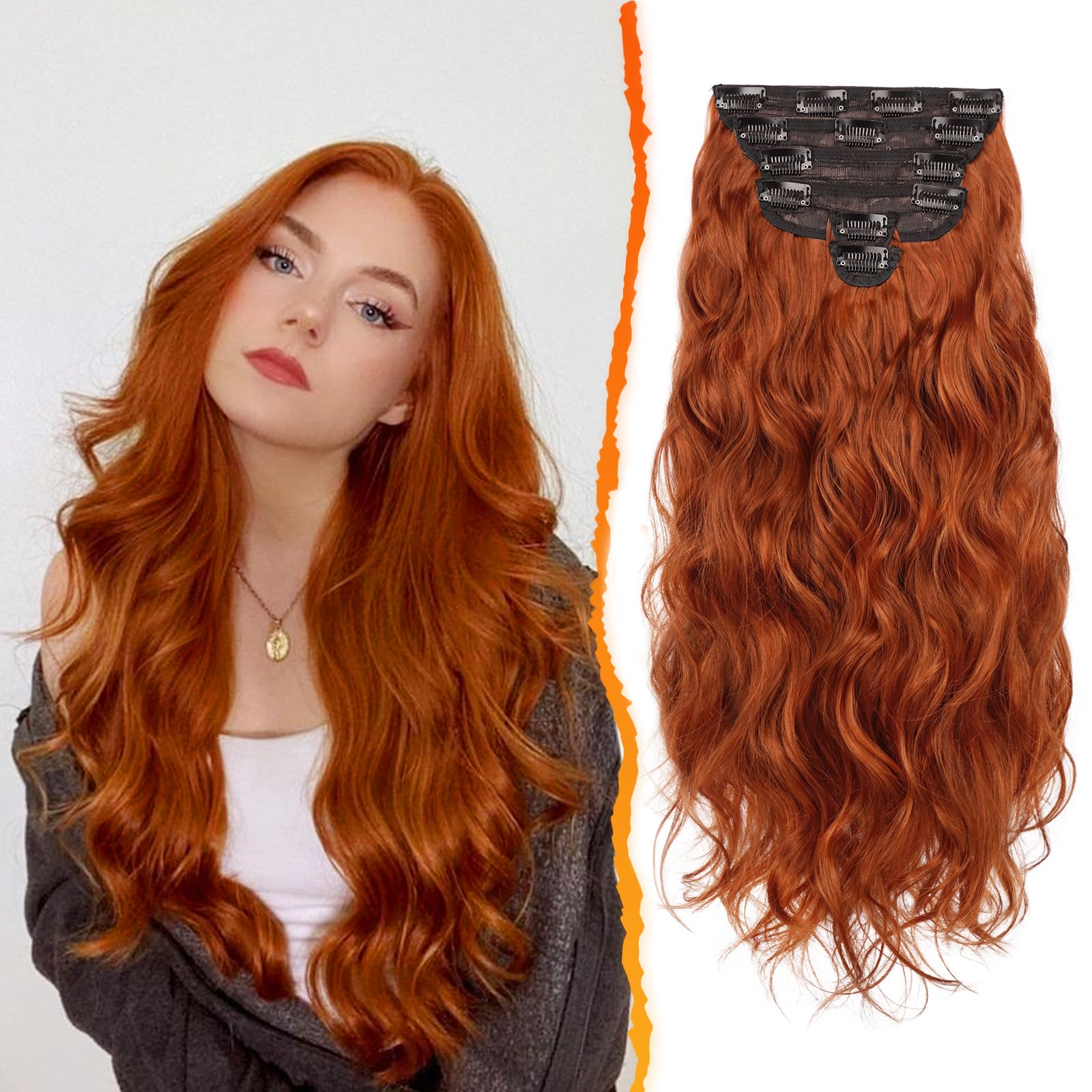 BARSDAR Extension Capelli a Clip, 50cm Lunga Ondulati Clip in Extension per Donna 6PCS Naturale Finta Hair Extension Sintetici Posticci Extension Capelli - Rosso Rame