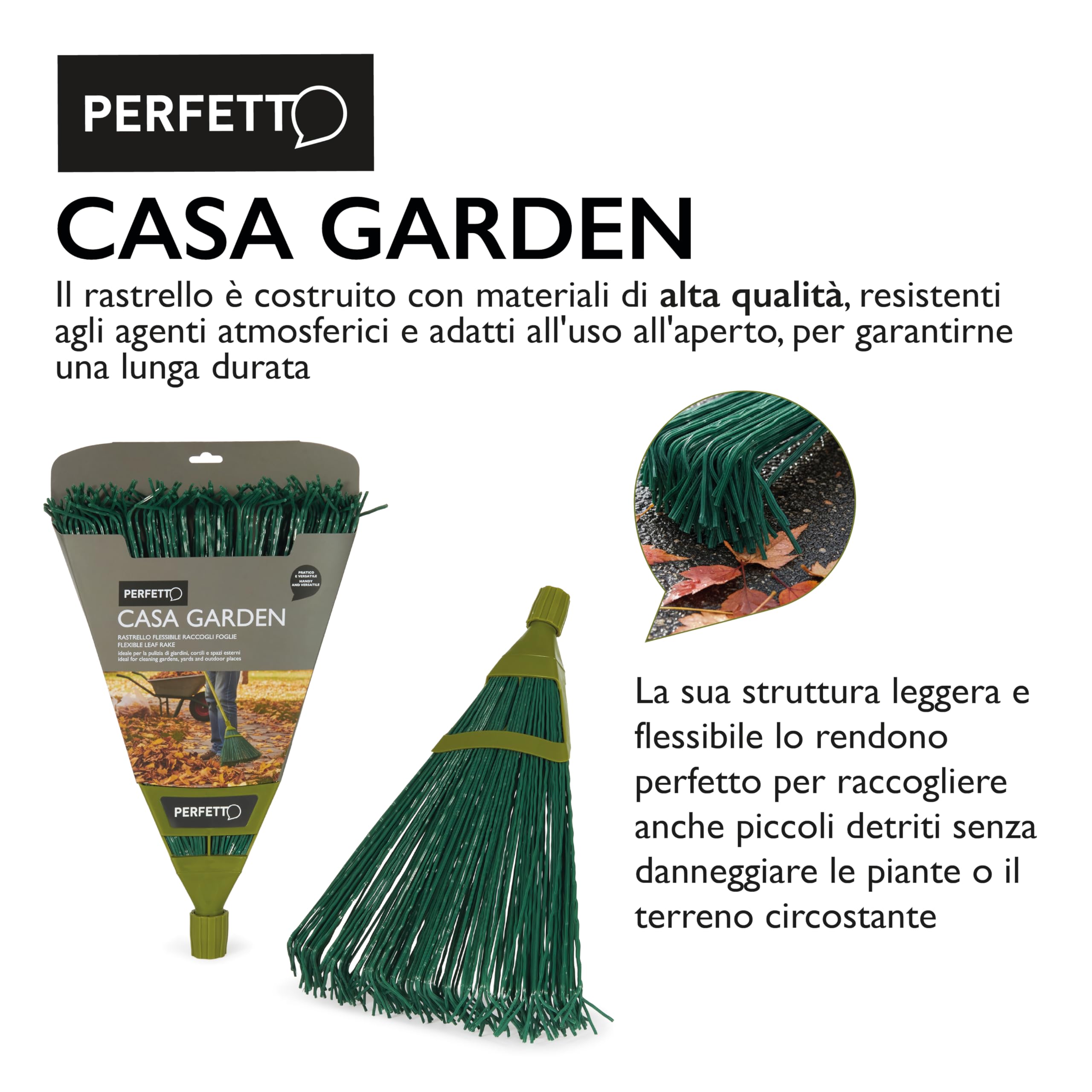 Perfetto - Casa Garden - Scopa Rastrello Flessibile - Raccolta Foglie e Detriti per Giardino. Cm 42.
