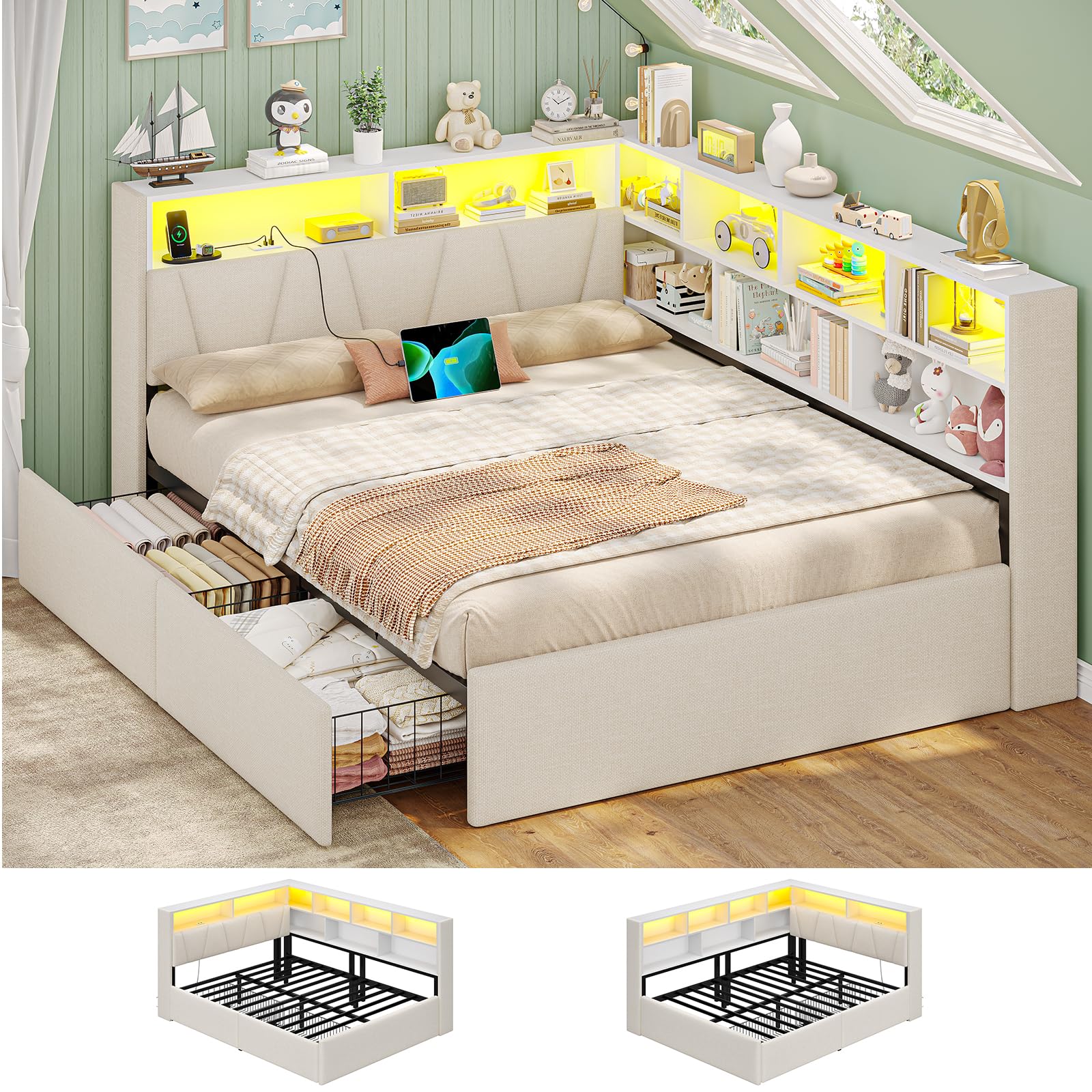 AOGLLATI Polsterbett Schlafsofa 140x200 mit Stauraum(Beige, 140x200cm)