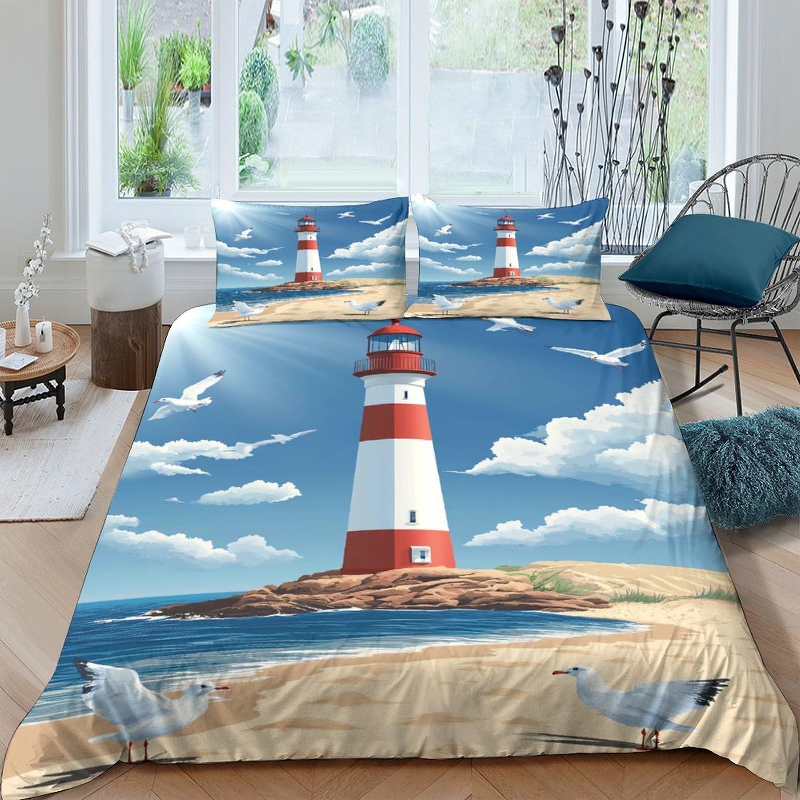 Ctjqhvkz Style-4 3D Printed Lighthouse Beach Fitted Sheet Microfiber Soft Breathable Ocean Sky Bed Cover For Bedroom Guest Room Decor Single（135X200cm）