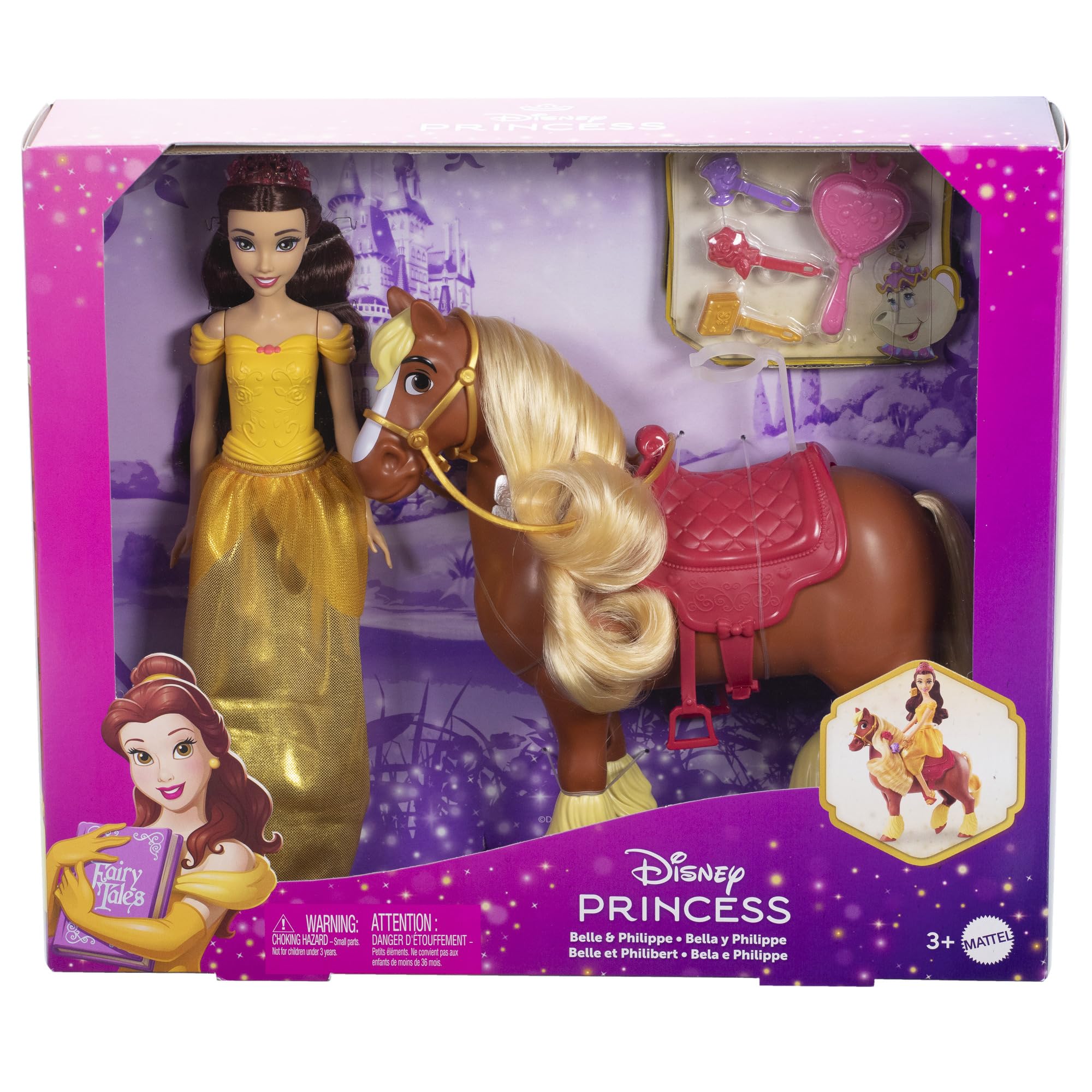 Mattel Disney Princess Toys, Belle Modepuppe & Philippe Pferd mit Sattel, bürstbare Mähne & Schwanz & 4 Styling-Accessoires, inspiriert vom Film