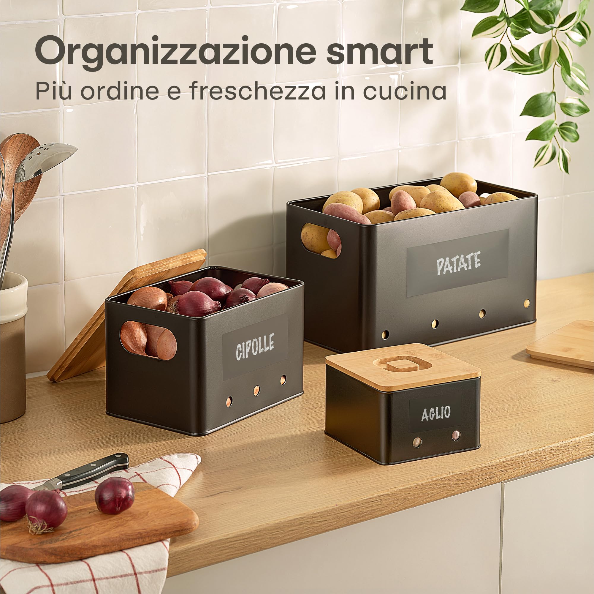 Pragmerick Set 3 Contenitori Per Cucina Con Coperchi In Bambù – Per Patate, Cipolle E Aglio – + 3 Gadget In Acciaio