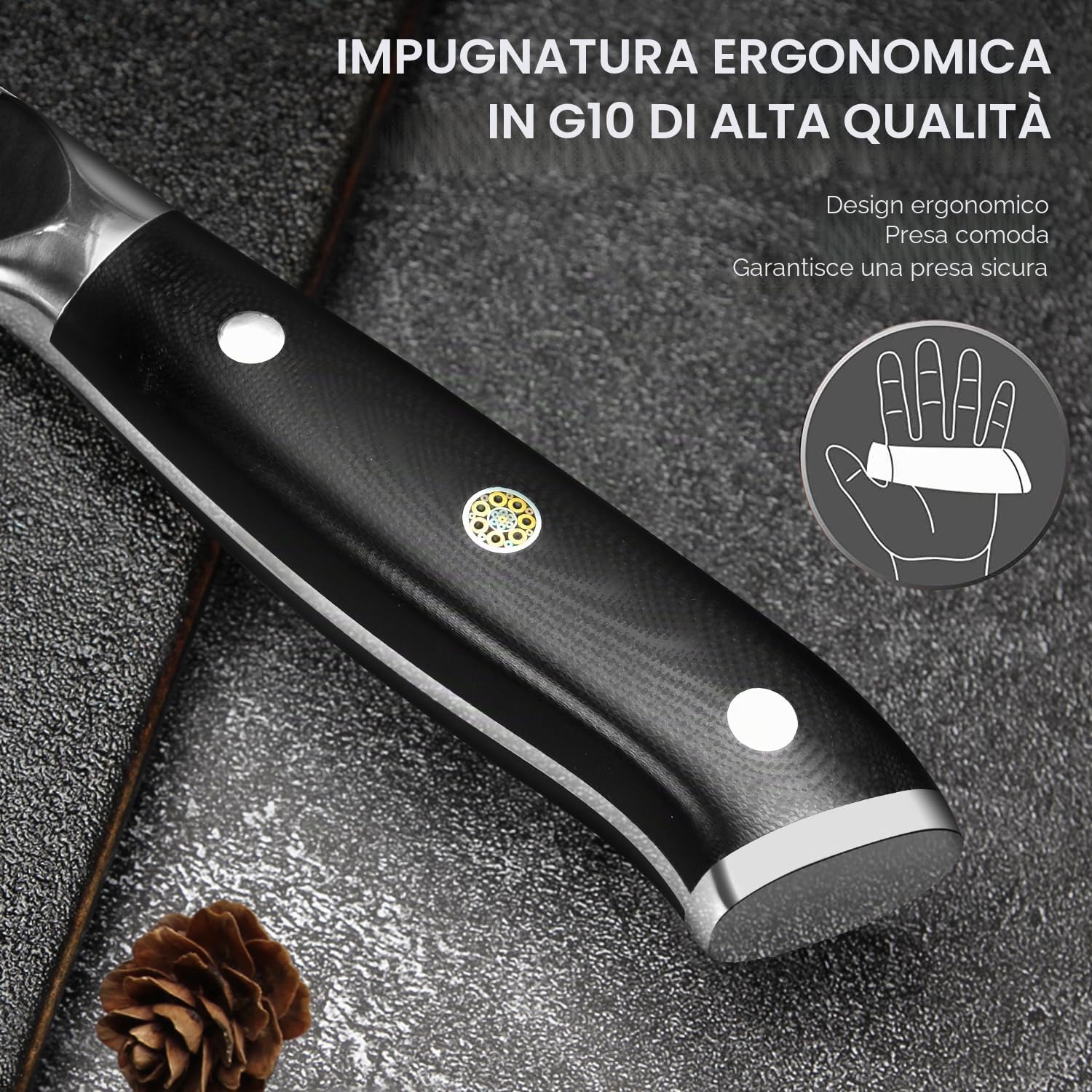 Home Safety Coltello Damasco Coltello da Carne - Mannaia Cinese Damasco 17,5 cm Lama in 67 Strati di Acciaio Damasco con Manico in G10 - Affilato e Bilanciato