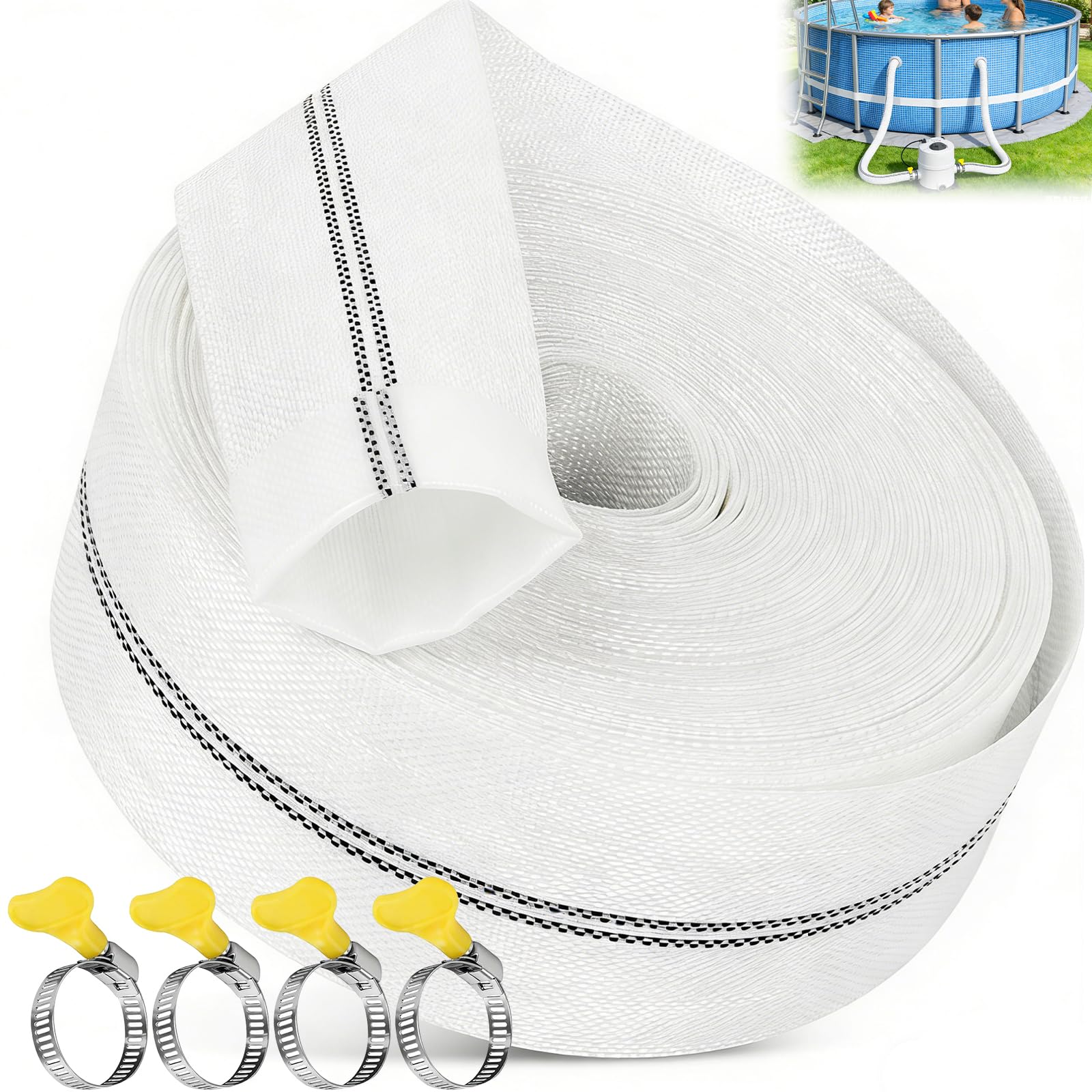 NICEWAT 32mm x 10m Water Pump Hose, Lay Flat Hose with 4 Clamps, Heavy Duty PVC Pond Hose, Layflat Discharge Hose for Pool Industrial Agricultural Use
