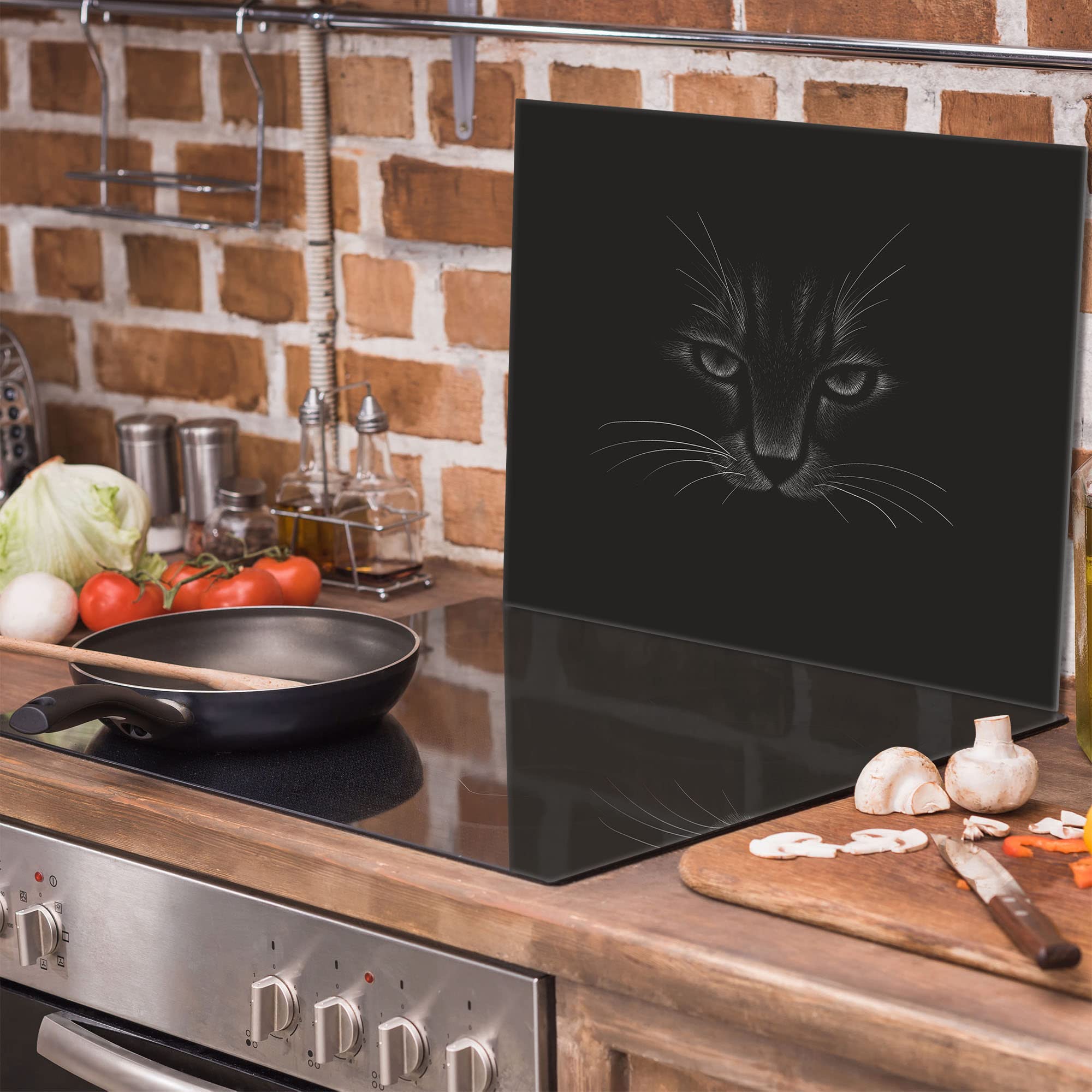 Plaque En Verre Pour Cuisinière 60x52 Cm - Protection Et Planche à Découper - Motif Chat Noir
