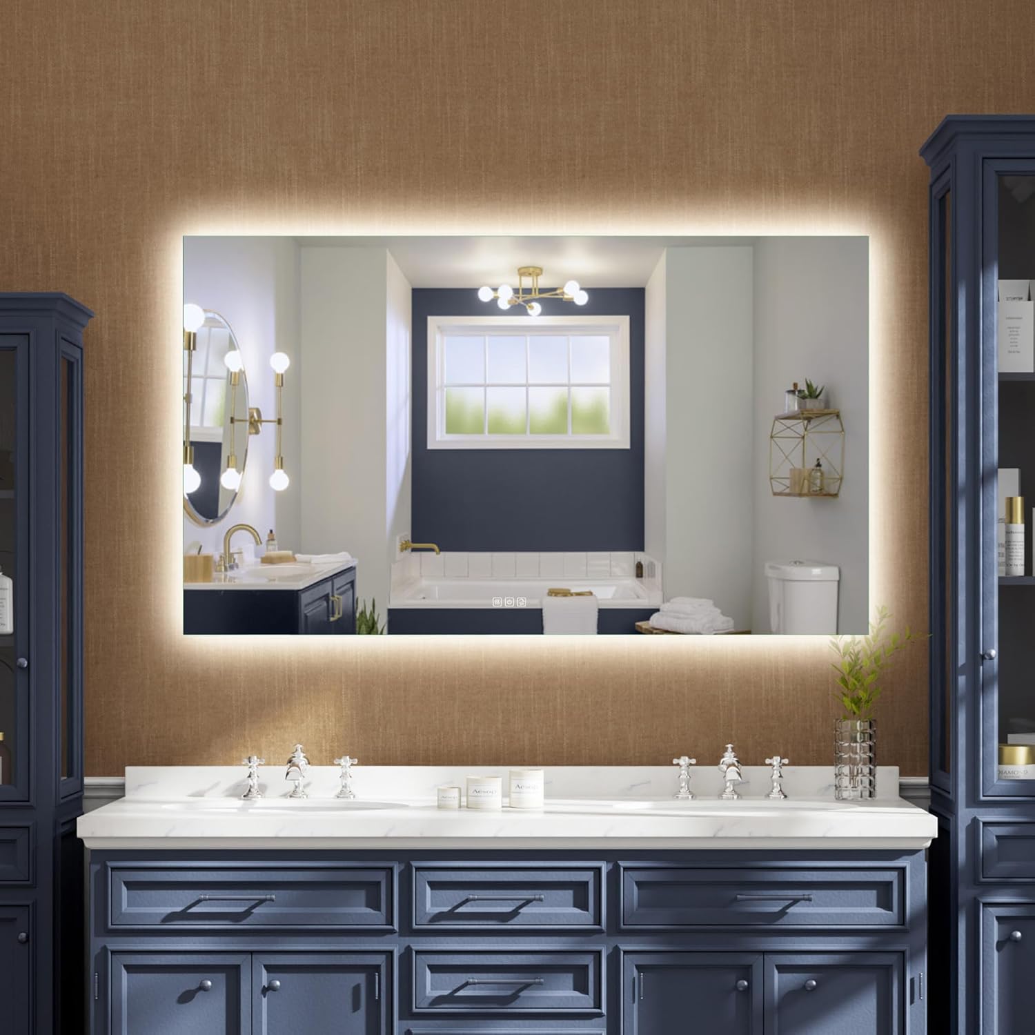 WELLFOR LED Backlit Bathroom Vanity Mirror, 55 x 32 Inch Backlit Mirror with Lights, Anti-Fog Dimmable Wall Mounted Backlights Mirror (Vertical/Horizontal)