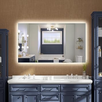 WELLFOR LED Backlit Bathroom Vanity Mirror, 55 x 32 Inch Backlit Mirror with Lights, Anti-Fog Dimmable Wall Mounted Backlights Mirror Vertical/Horizontal