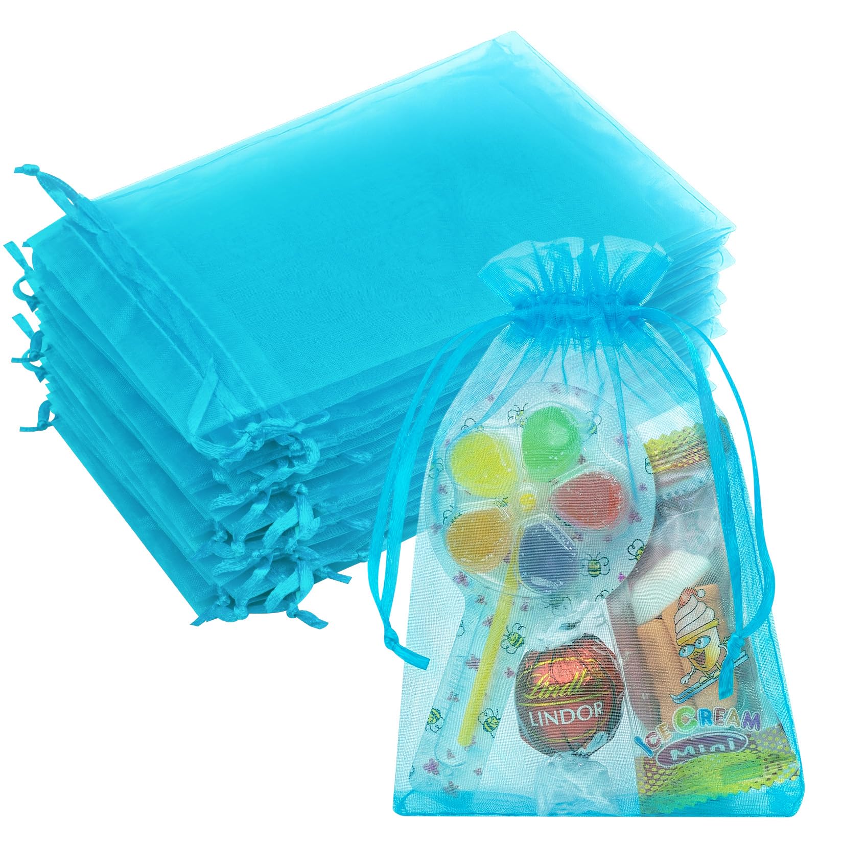 Crweety 50 sztuk niebieskich torebek z organzy jezioro 10 x 15 cm, małe siatkowe woreczki prezentowe ze sznurkiem, elegancka pusta torba zapachowa na biżuterię, ślub, przyjęcie urodzinowe i cukierki