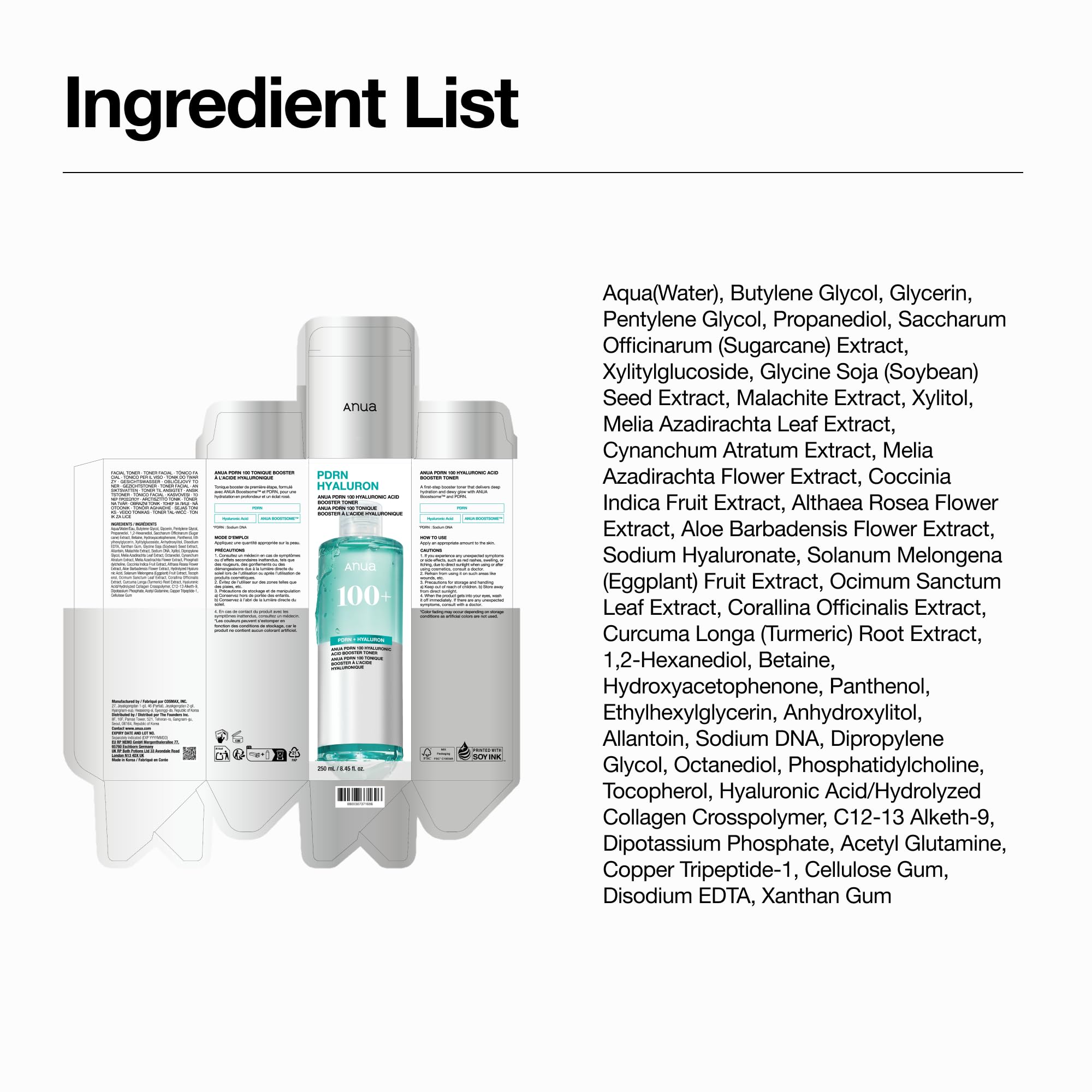 Anua PDRN 100 Hyaluronic Acid Booster Toner - Tonico viso coreano idratante glow e rimpolpante con PDRN (DNA di salmone) e Acido Ialuronico, non appiccicoso, per pelle secca e sensibile (250 ml)