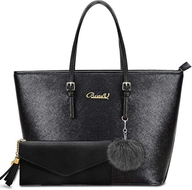 BestoU Handbags for Ladies Black Large Leather Purses for Women Tote Messenger Shoulder Crossbody Bag Set Including a Purse