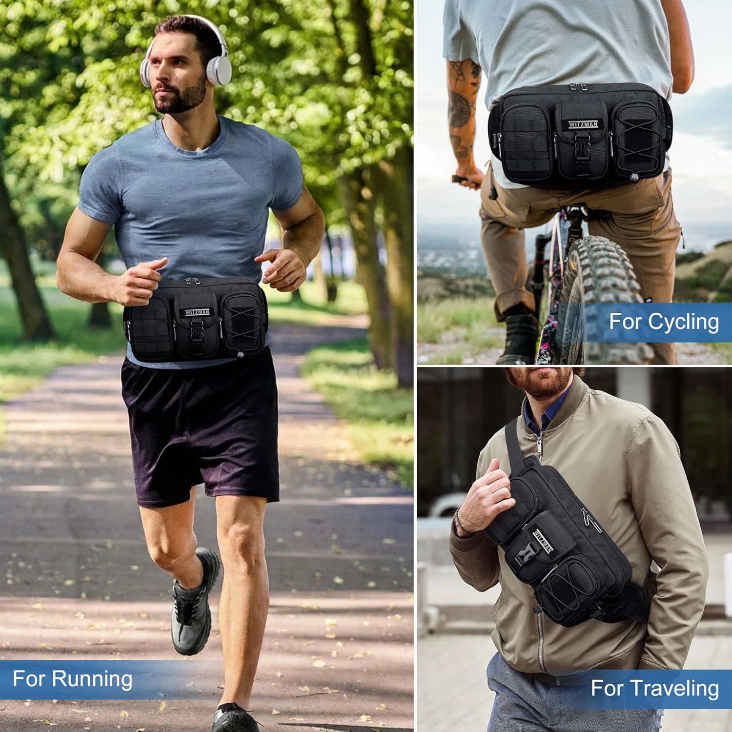 WITZMAN Fanny Pack for Men Fashion Waist Zipper Pack Bags Mens Belt Bag with Multi-pocket for Traveling Daily Walking(B733 Black) - Image 7