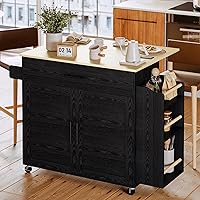 IRONCK Rolling Kitchen Island Cart with Drop Leaf, Charging Station, Spice Racks, Cabinet, Drawer - Black Mobile Storage on Wheels