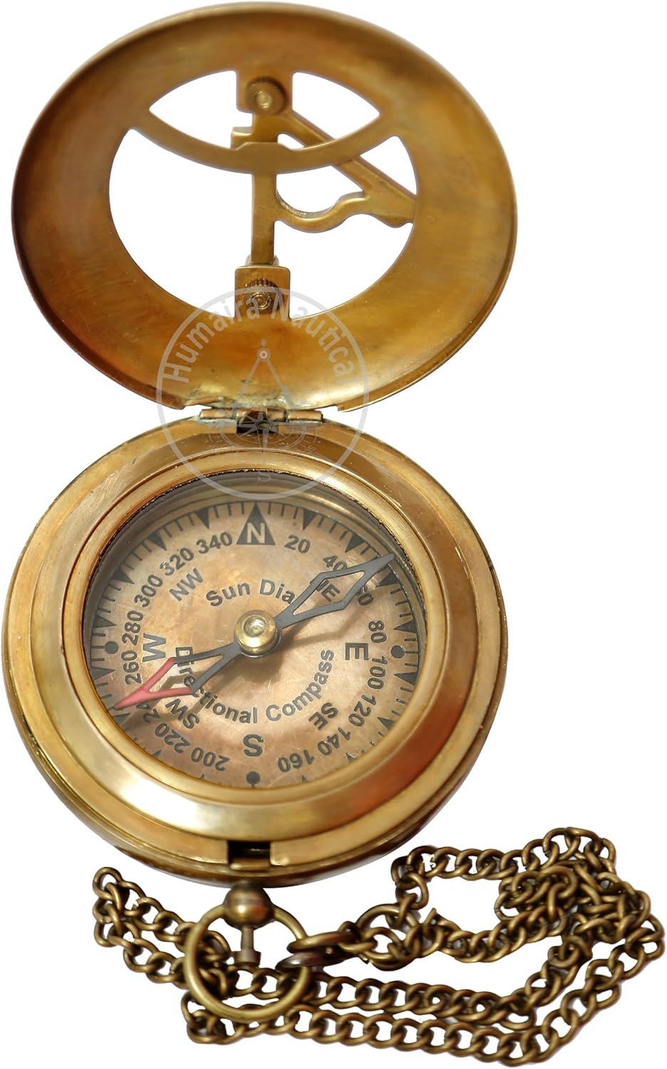 Brass Sundial Compass with Leather Case and Chain - Push Open Compass - Steampunk Accessory - Antiquated Finish - Beautiful Handmade Gift -Sundial Clock