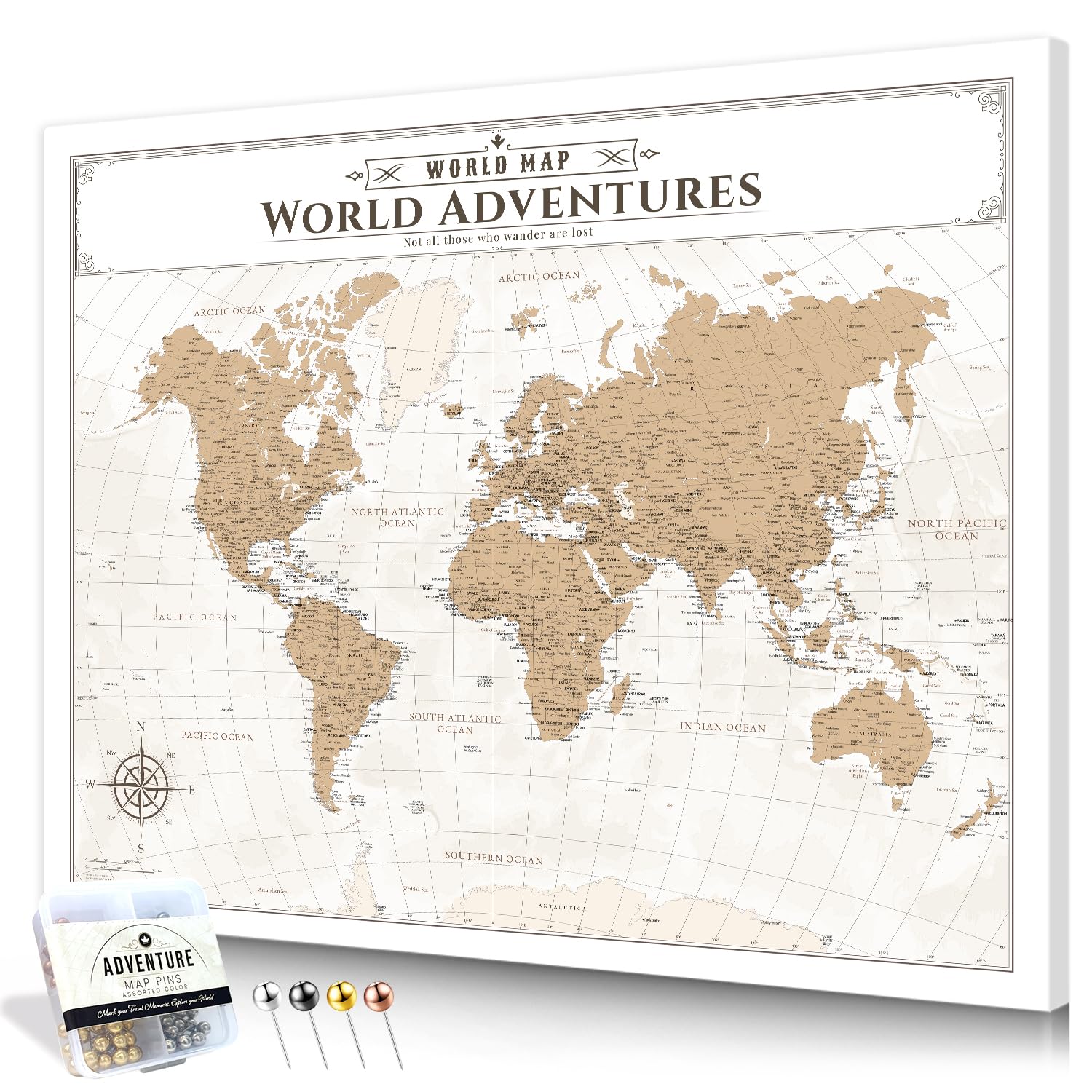IPIC Vintage World Travel Map with Pins, World Map Pin Board, Size 30x24 in