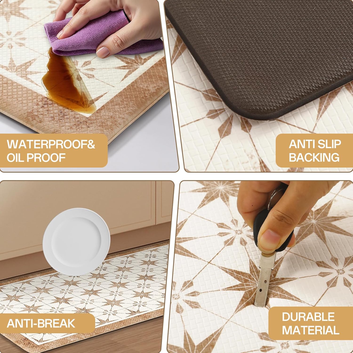 Dintszyayue Kitchen Rugs Sets of 2 Boho Ceramic Anti Fatigue Non Slip Memory Foam Mats for Floor for Laundry Desk Bar Khaki 17"X30"+17"X59"