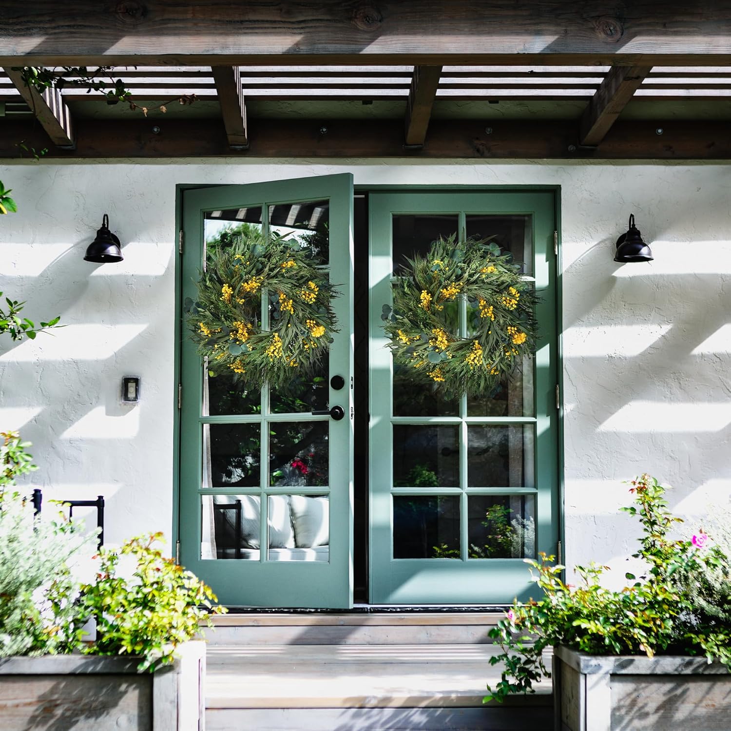 24" Large Front Door Wreath with Dried Flowers for Spring Summer Fall & Winter (Green02) - Image 6