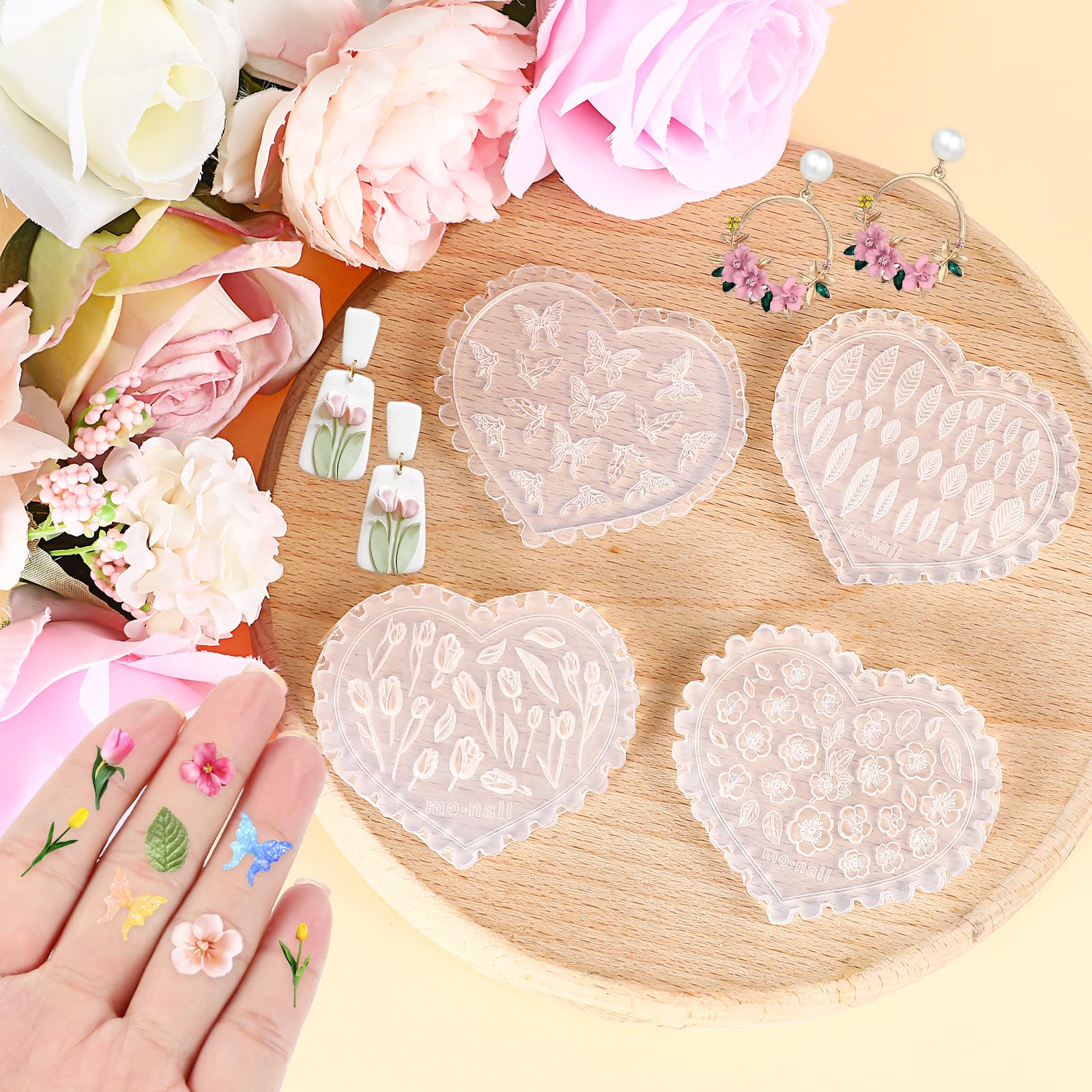 Mabor 4Pcs Polymer Clay Molds, Miniature Resin Flower Butterfly Leaf Polymer Mini Air Dry Clay Molds for Earring Jewelry Making DIY Craft Supplies