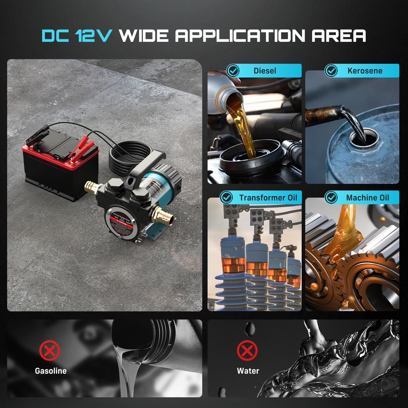 SEESII Elektrische Dieselpumpe 12V: 50 l/min Kraftstoffpumpe mit Düse und Schläuchen zum Fördern von Diesel, Kerosin und Heizöl, 200W tragbare Ölpumpe für Boot, LKW, Haus und Landwirtschaftsbetankung