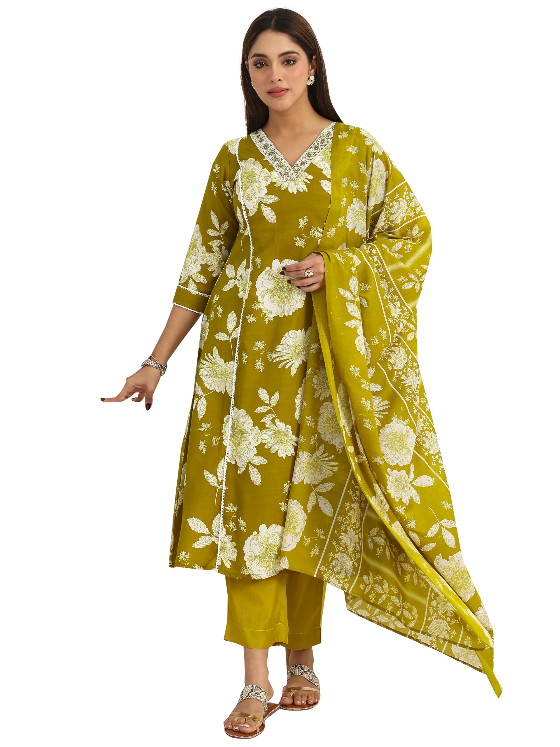 Printed Cotton A Line Kurta With Trousers and Dupatta | daily wear suit-image-27