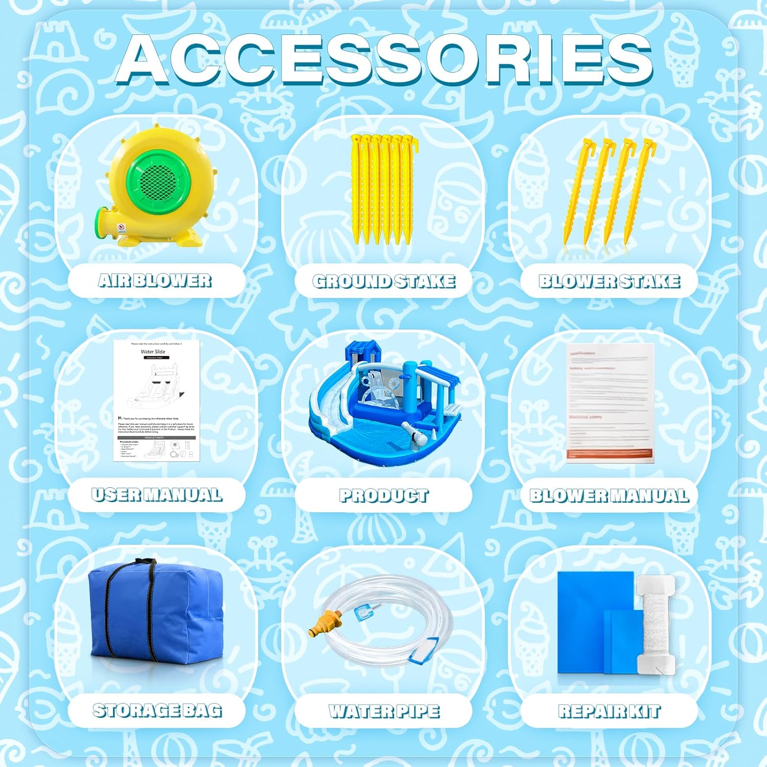 Inflatable Bounce House Water Slide Water Park, Kids Bouncy House for Kids 3-12 with Dual Slide, Outdoor & Indoor, with 550W Powerful Blower Included (Single Slide Water Park)